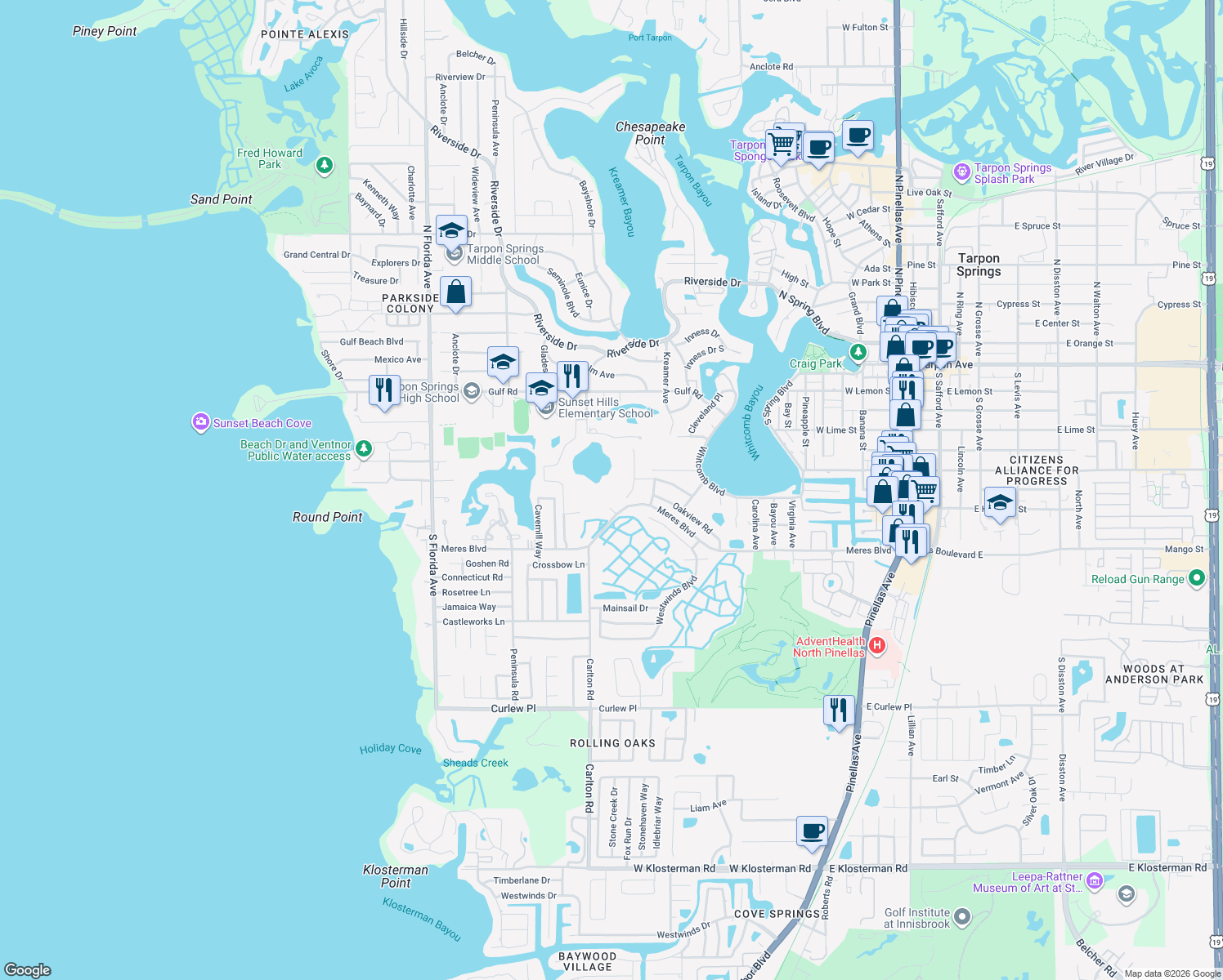 map of restaurants, bars, coffee shops, grocery stores, and more near 730 Hidden Lake Drive in Tarpon Springs