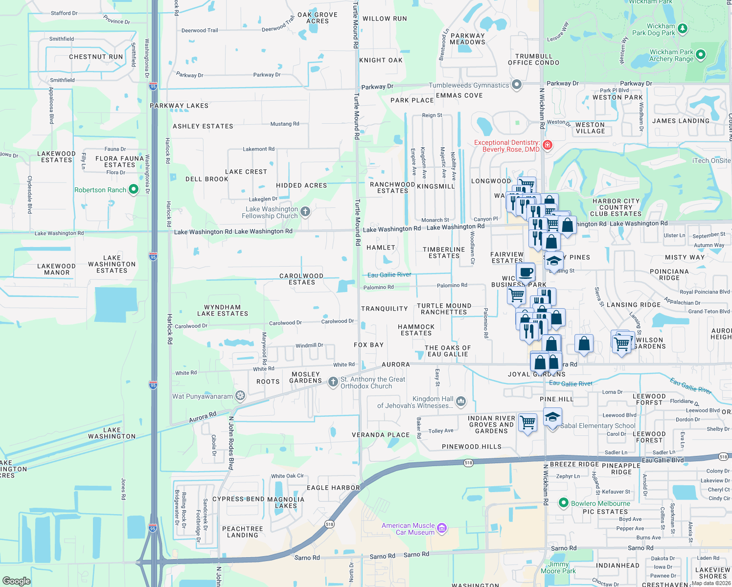 map of restaurants, bars, coffee shops, grocery stores, and more near 3803 Palomino Road in Melbourne