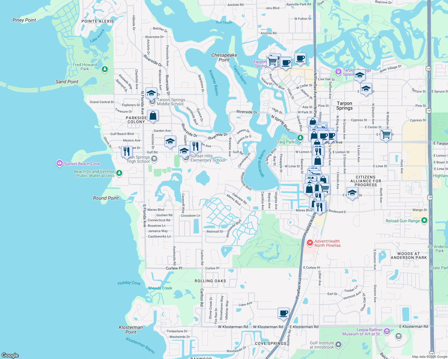 map of restaurants, bars, coffee shops, grocery stores, and more near 610 Poulos Ln in Tarpon Springs