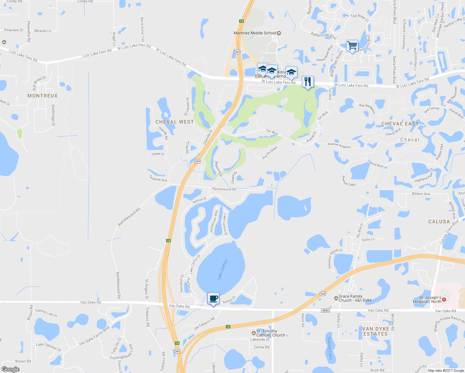 map of restaurants, bars, coffee shops, grocery stores, and more near 18724 Chopin Dr in Lutz