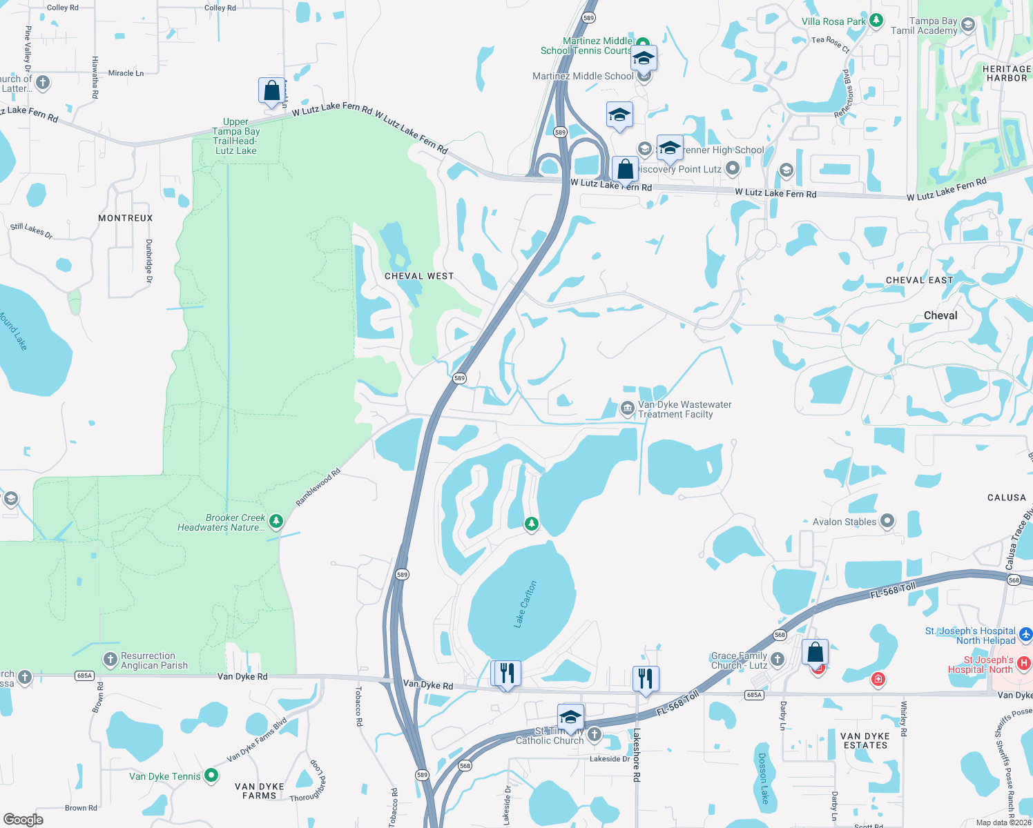 map of restaurants, bars, coffee shops, grocery stores, and more near 18859 Maisons Drive in Lutz