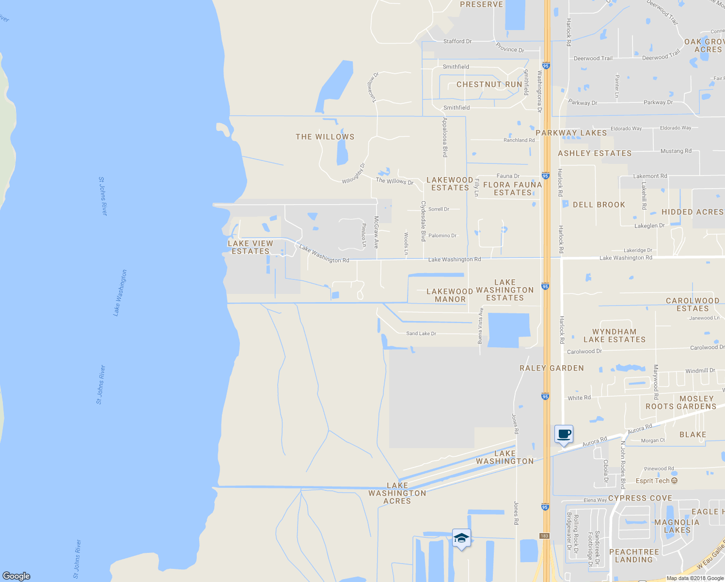 map of restaurants, bars, coffee shops, grocery stores, and more near 5685 Lake Washington Road in Melbourne