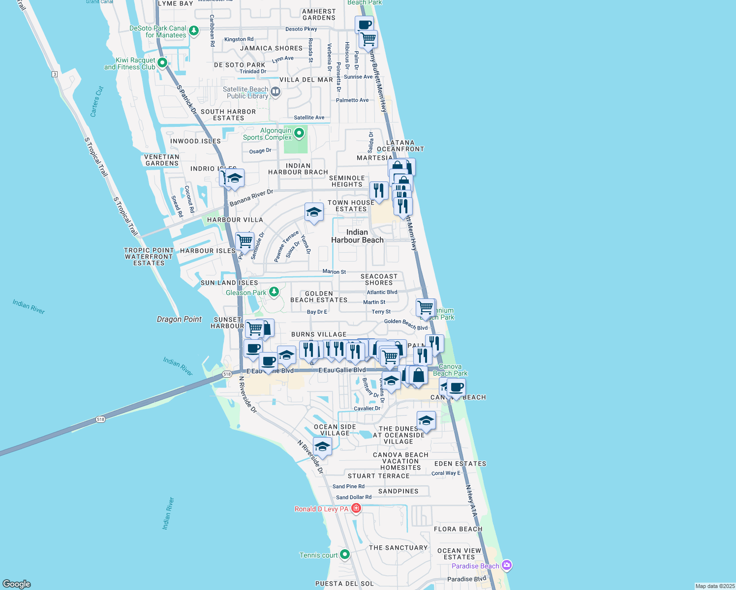 map of restaurants, bars, coffee shops, grocery stores, and more near 125 Atlantic Boulevard in Satellite Beach