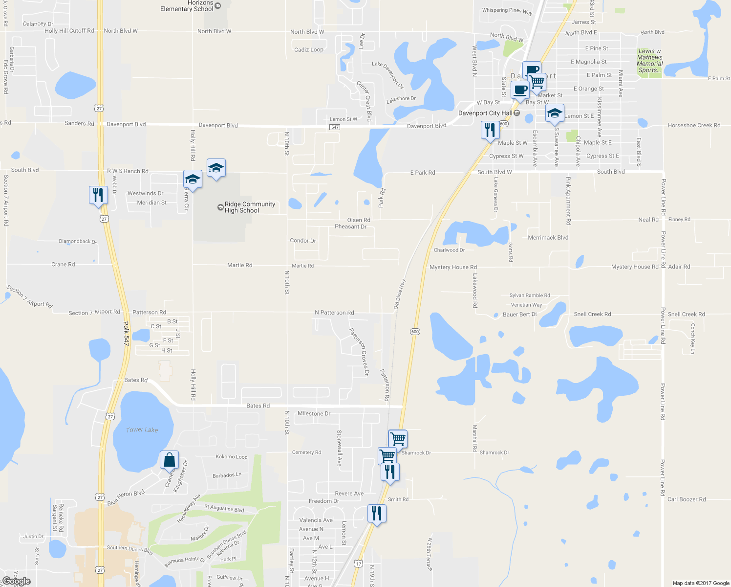 map of restaurants, bars, coffee shops, grocery stores, and more near 3672 Carter Road in Haines City