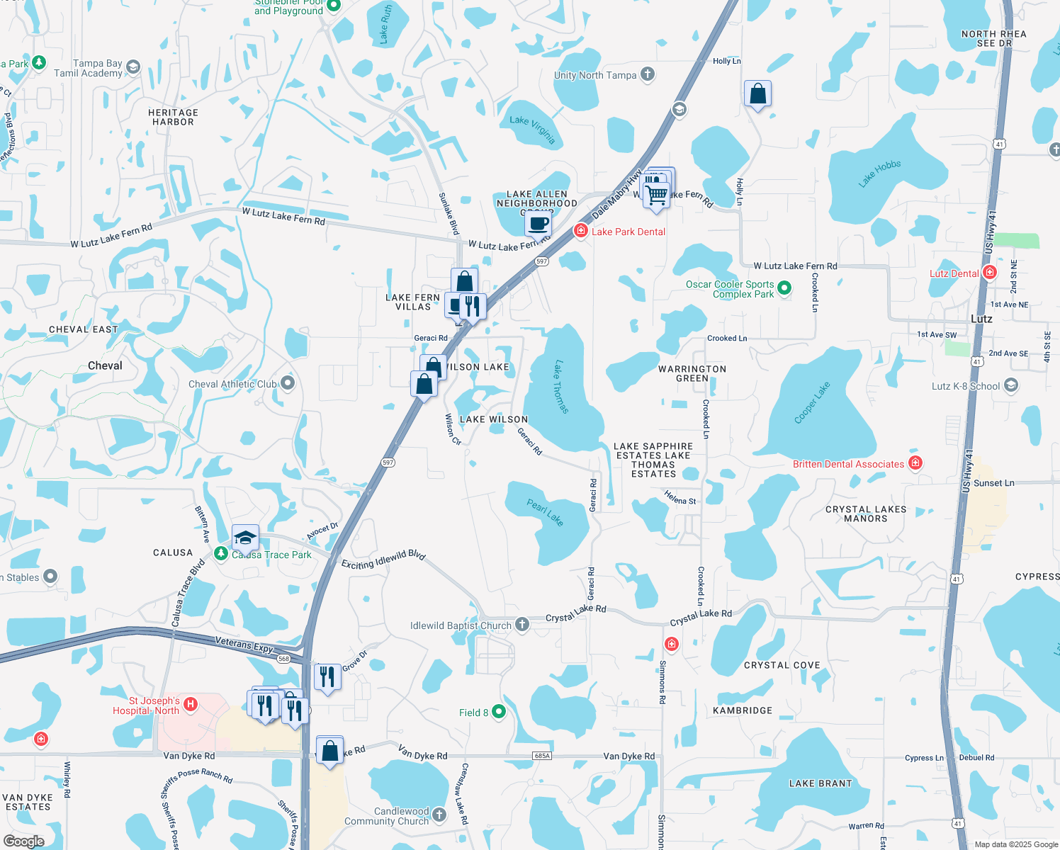 map of restaurants, bars, coffee shops, grocery stores, and more near 18717 Geraci Road in Lutz