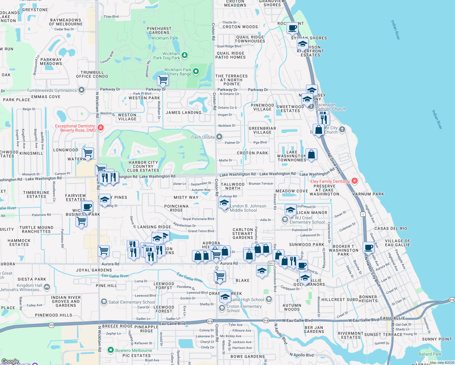 map of restaurants, bars, coffee shops, grocery stores, and more near 1960 Tallpalm Road in Melbourne