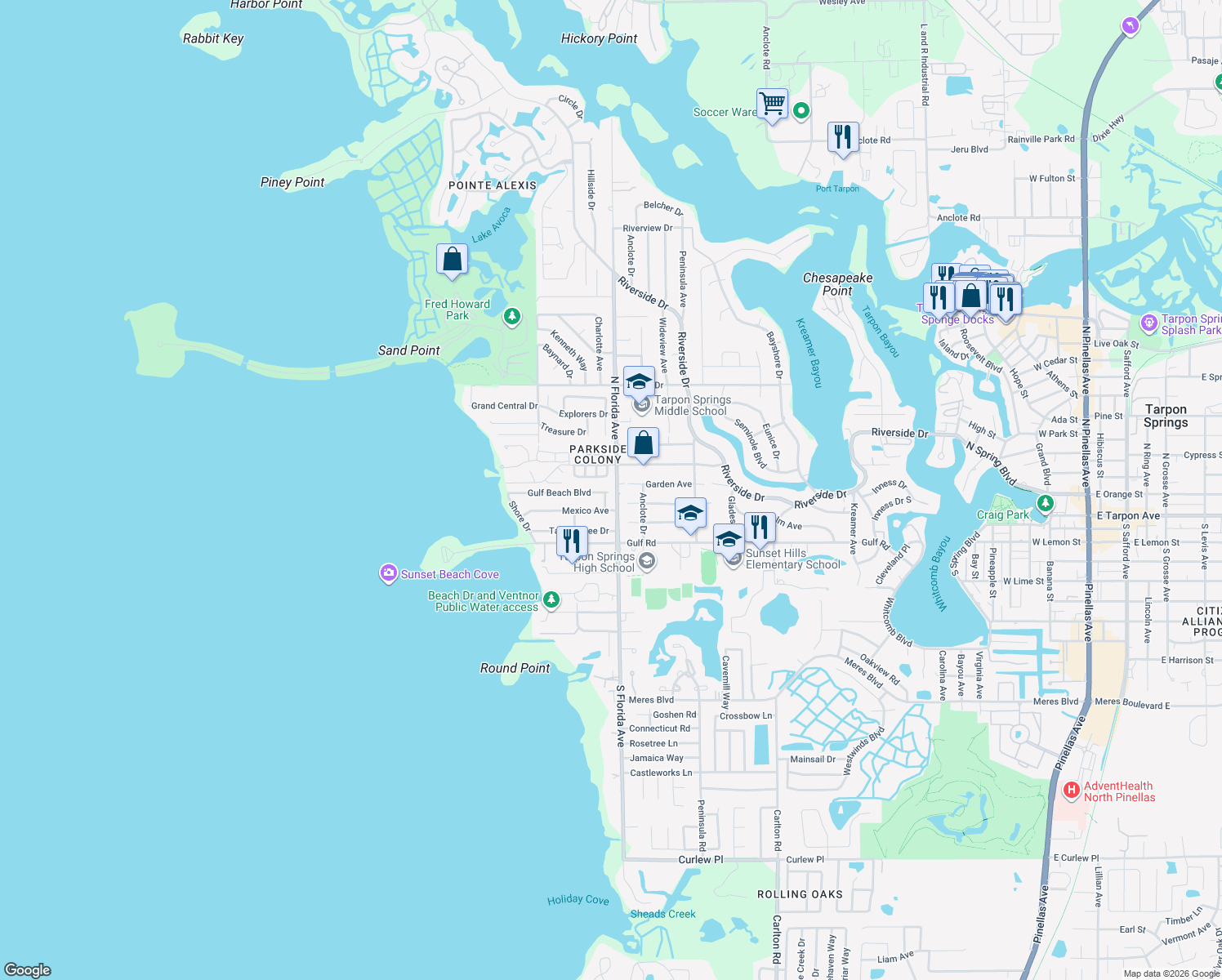 map of restaurants, bars, coffee shops, grocery stores, and more near 208 North Florida Avenue in Tarpon Springs