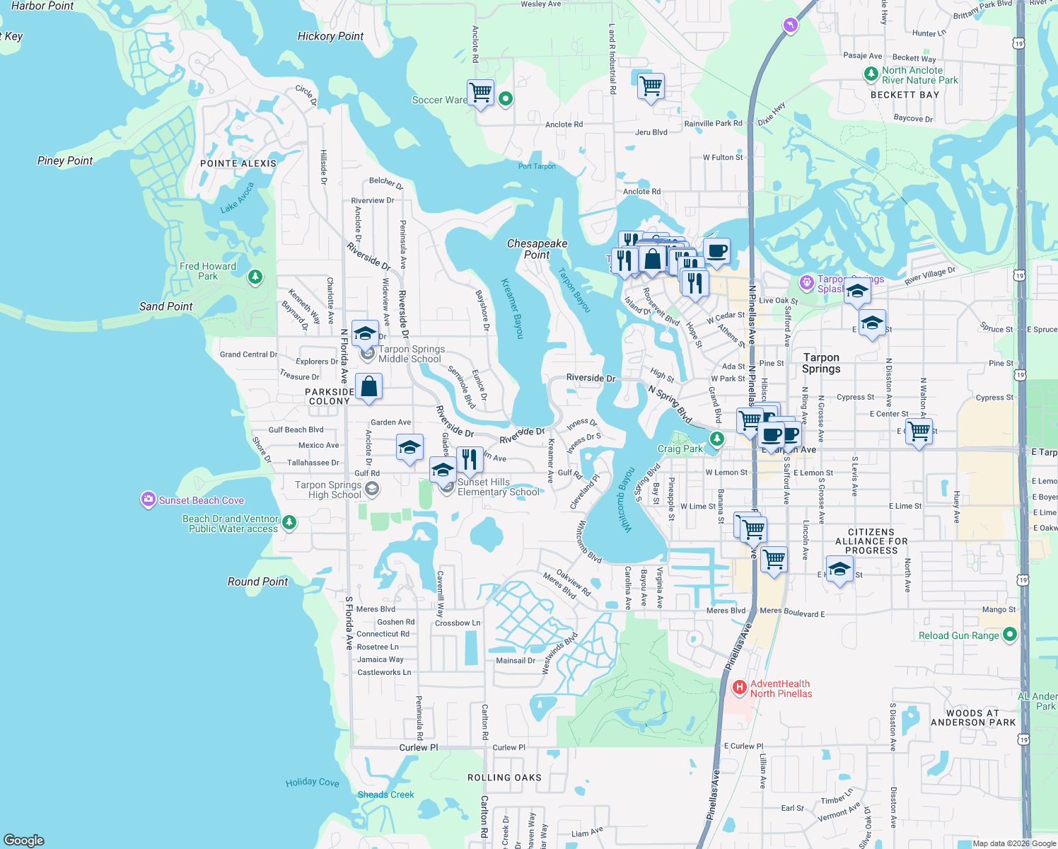 map of restaurants, bars, coffee shops, grocery stores, and more near 530 Riverside Drive in Tarpon Springs