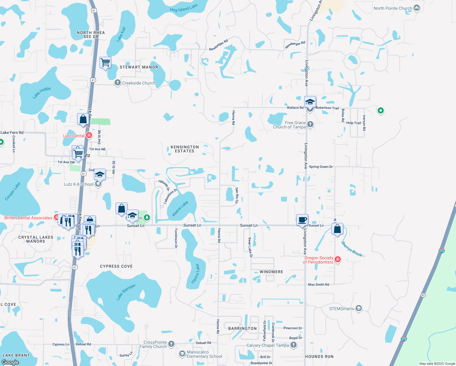 map of restaurants, bars, coffee shops, grocery stores, and more near 18649 San Rio Circle in Lutz