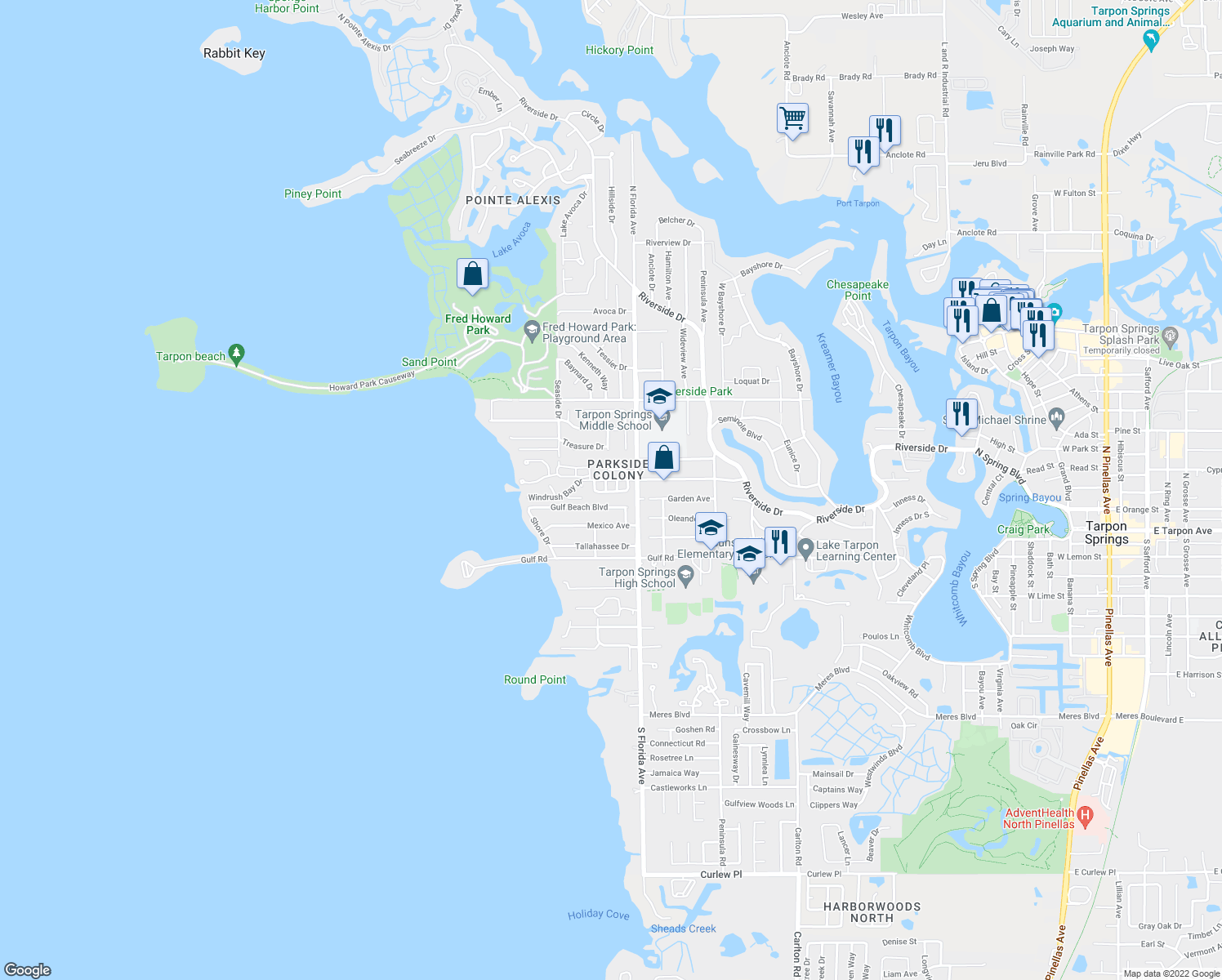 map of restaurants, bars, coffee shops, grocery stores, and more near 18 Windrush Bay Drive in Tarpon Springs