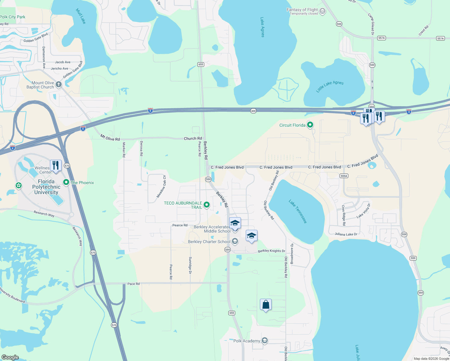 map of restaurants, bars, coffee shops, grocery stores, and more near 2154 Co Road 655 in Auburndale