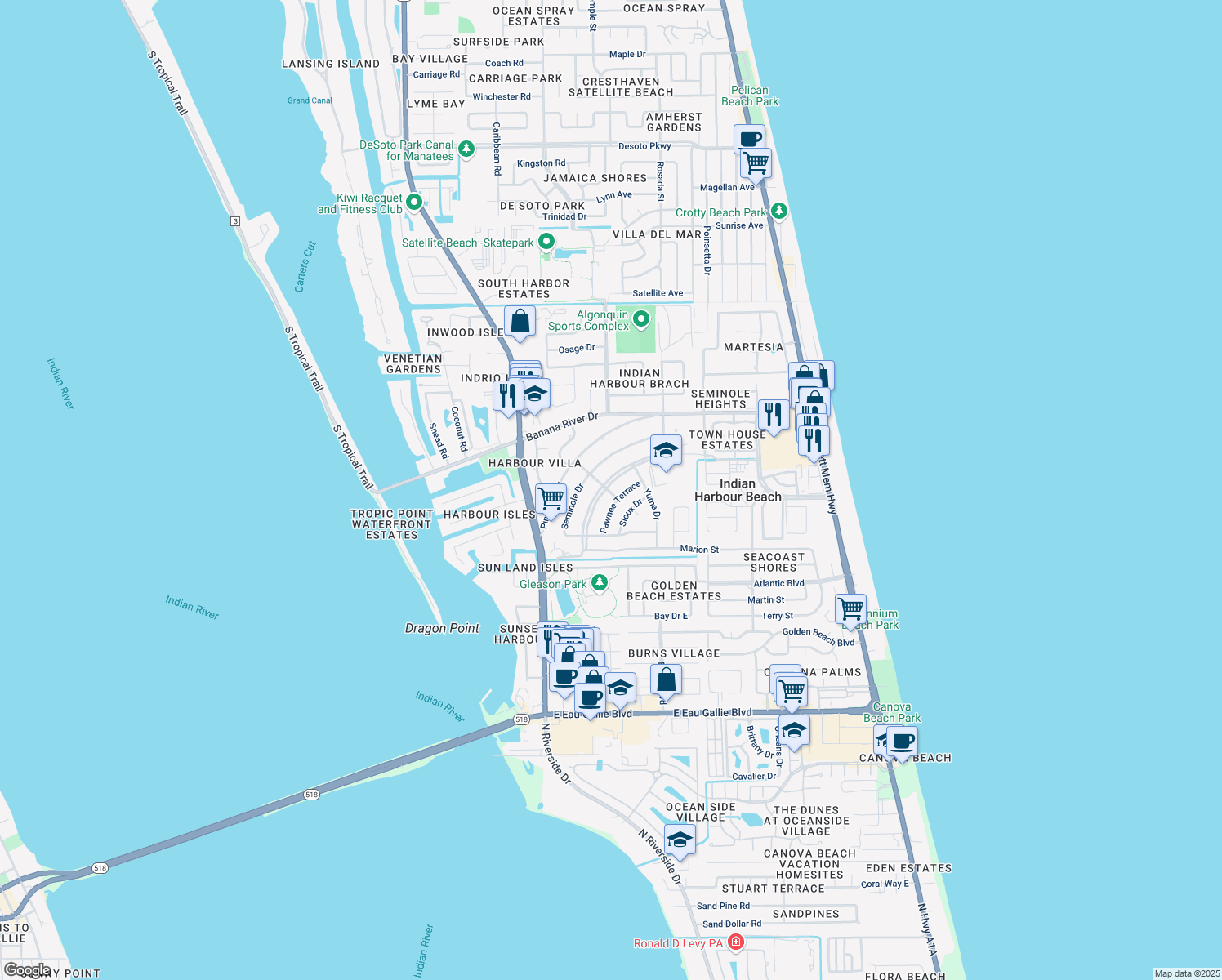 map of restaurants, bars, coffee shops, grocery stores, and more near 1127 Cheyenne Drive in Satellite Beach