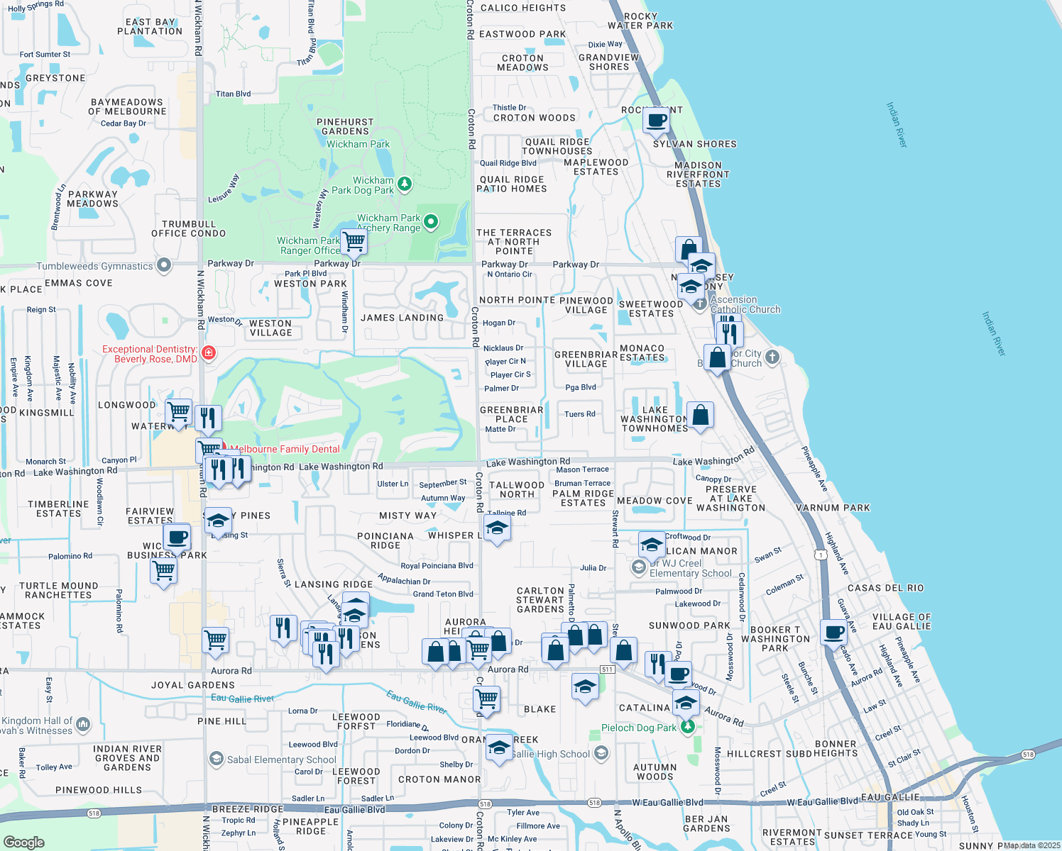 map of restaurants, bars, coffee shops, grocery stores, and more near 2573 Matte Drive in Melbourne