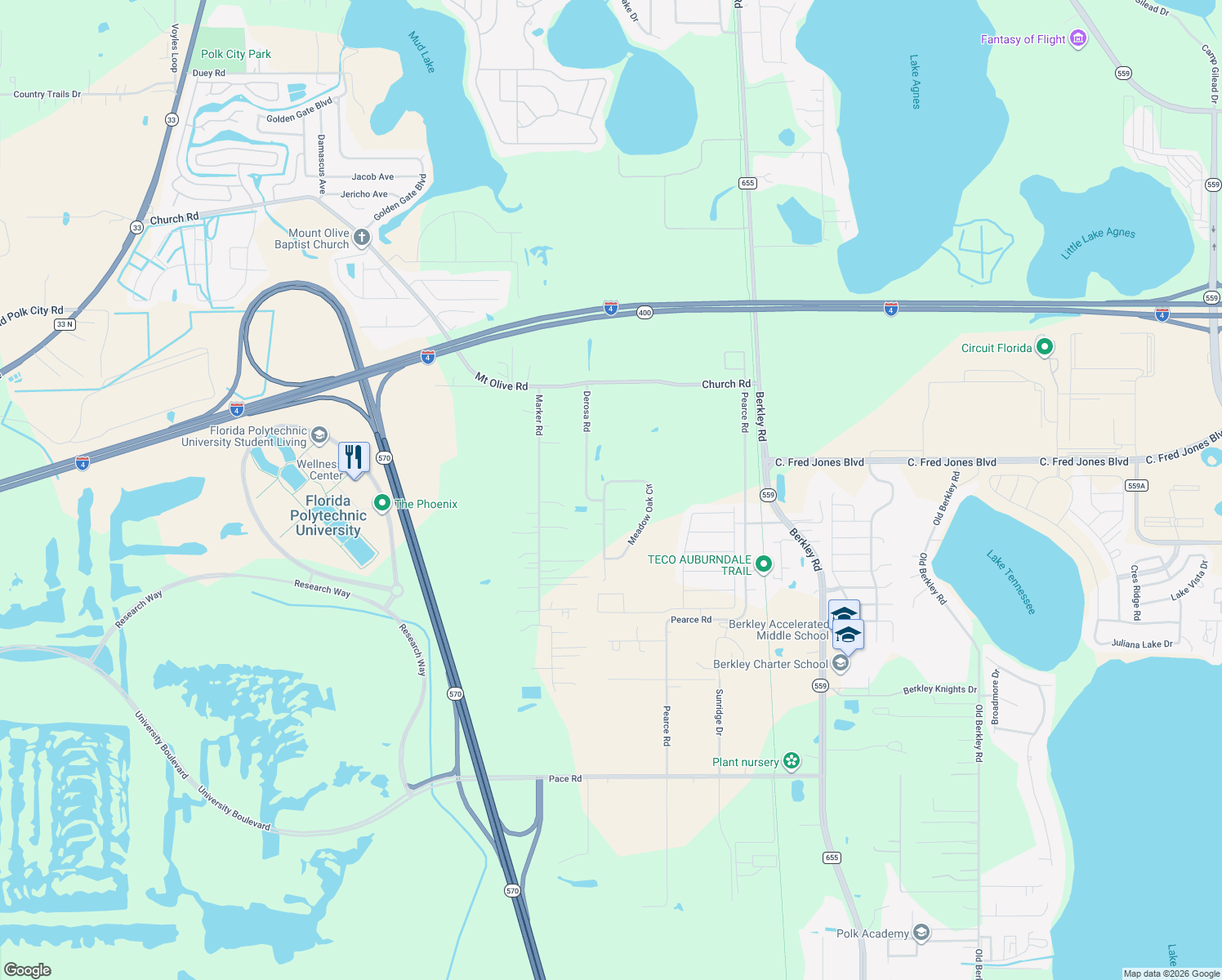 map of restaurants, bars, coffee shops, grocery stores, and more near 2099 Meadow Oak Cir in Polk City