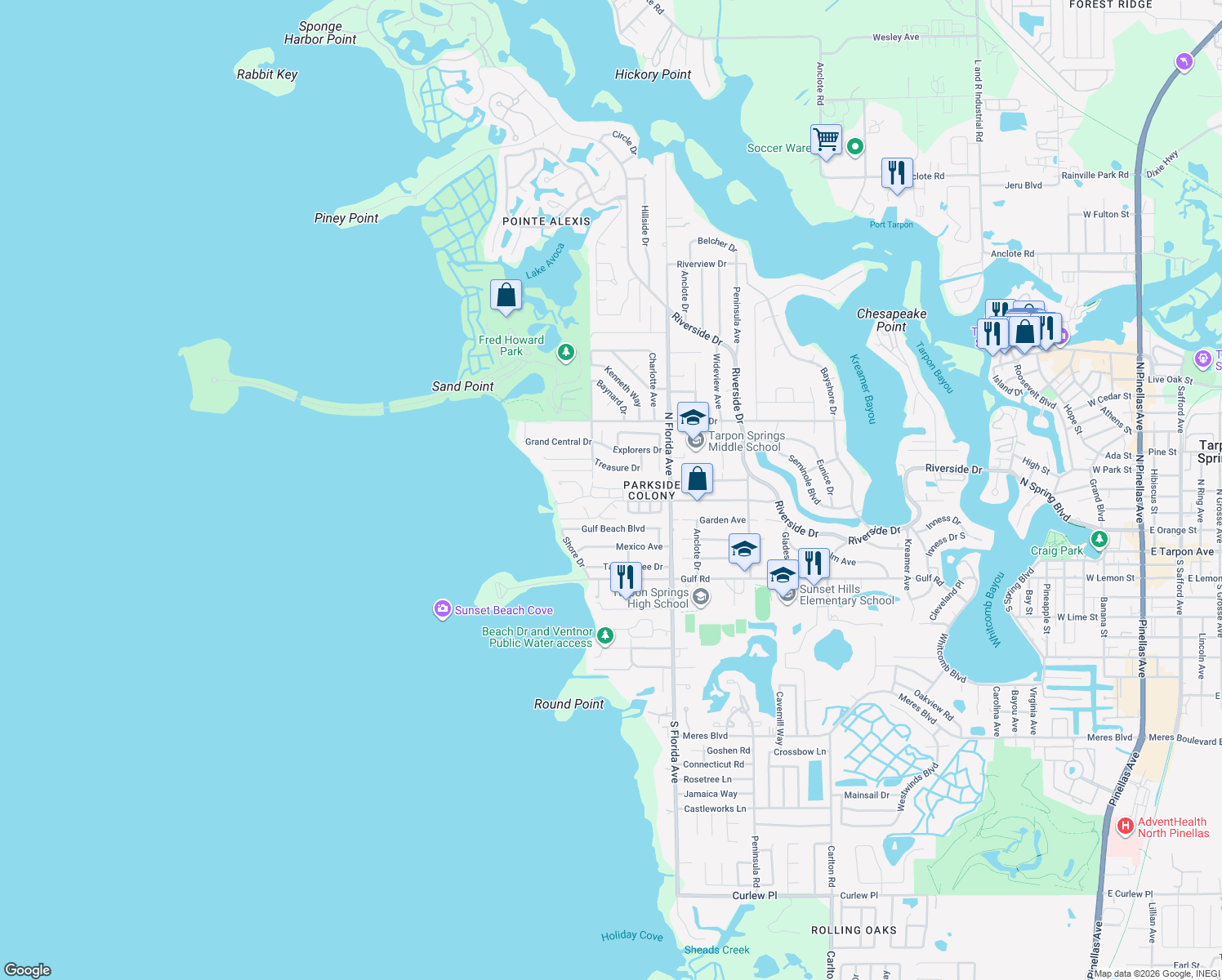 map of restaurants, bars, coffee shops, grocery stores, and more near 1630 Windrush Bay Drive in Tarpon Springs