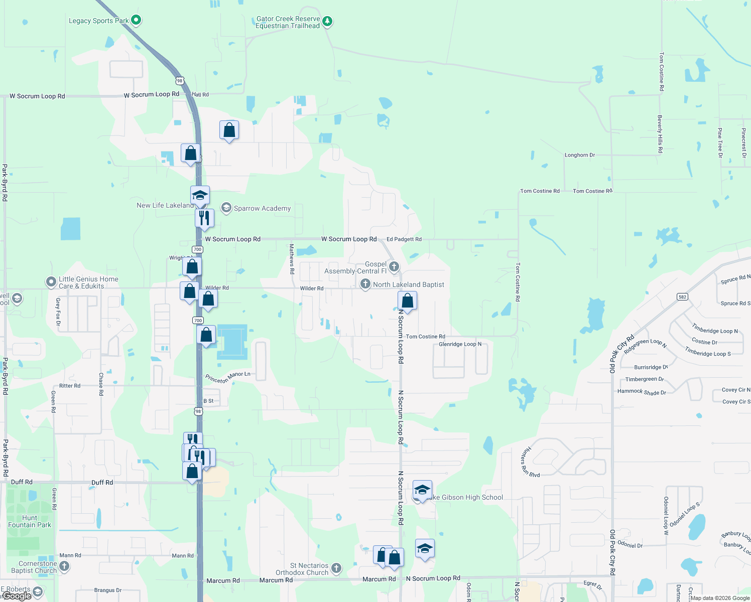 map of restaurants, bars, coffee shops, grocery stores, and more near 220 Wilder Road in Lakeland