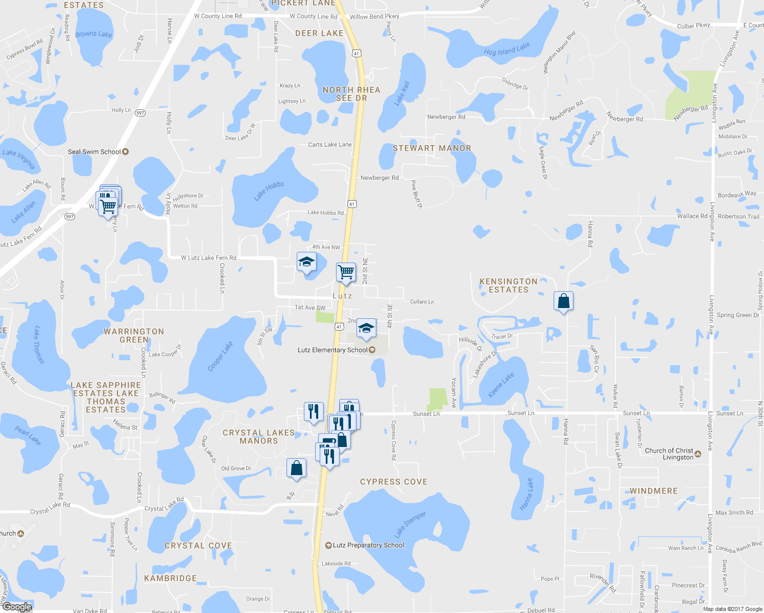 map of restaurants, bars, coffee shops, grocery stores, and more near 304 1st Avenue Southeast in Lutz