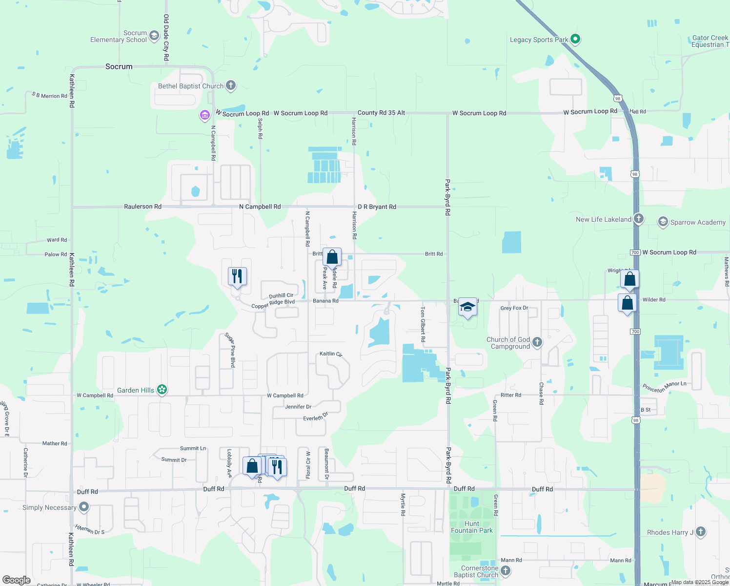 map of restaurants, bars, coffee shops, grocery stores, and more near 2337 Hamlet Circle in Lakeland