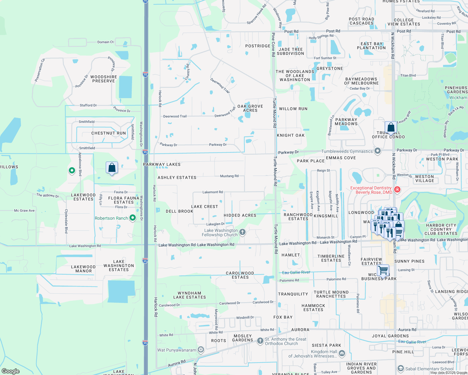 map of restaurants, bars, coffee shops, grocery stores, and more near 4120 Lakemont Road in Melbourne