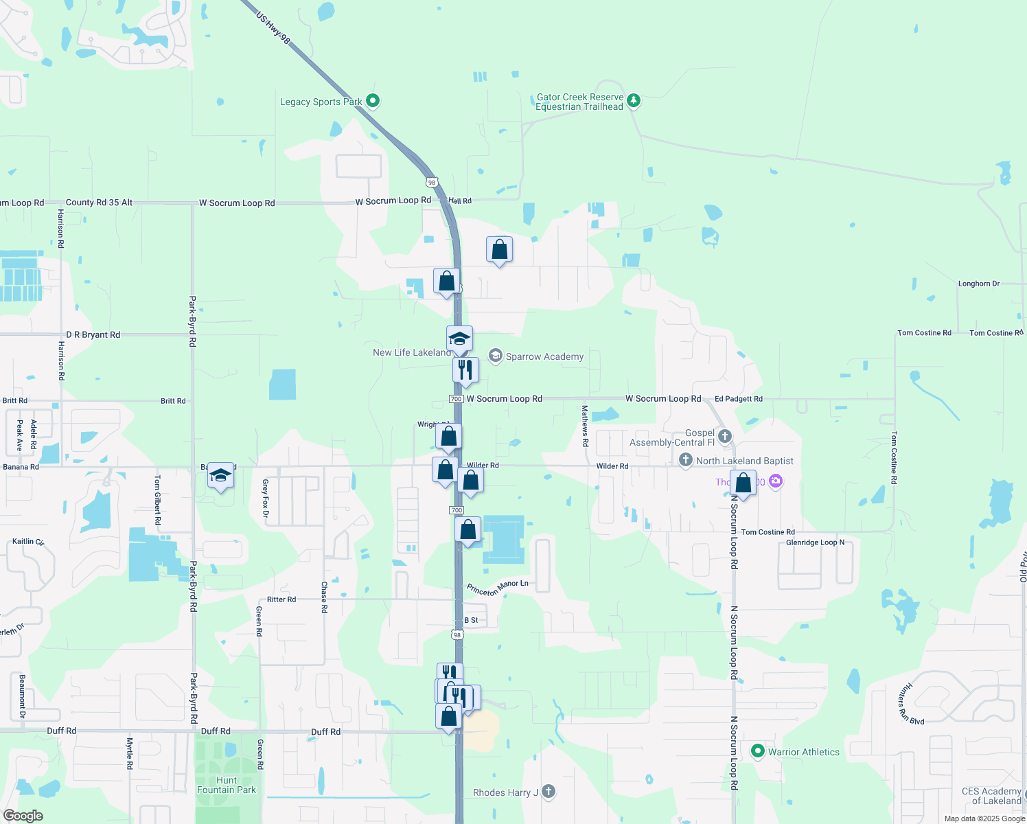 map of restaurants, bars, coffee shops, grocery stores, and more near 914 West Socrum Loop Road in Lakeland