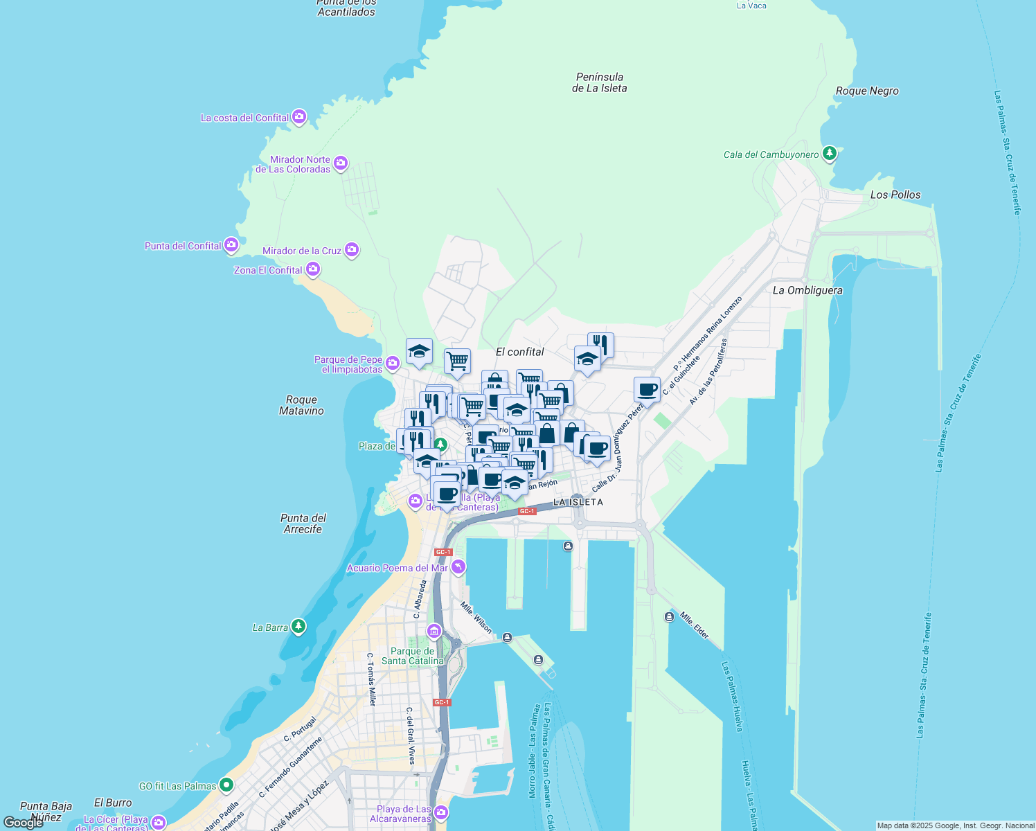 map of restaurants, bars, coffee shops, grocery stores, and more near 57 Calle Palmar in Las Palmas de Gran Canaria