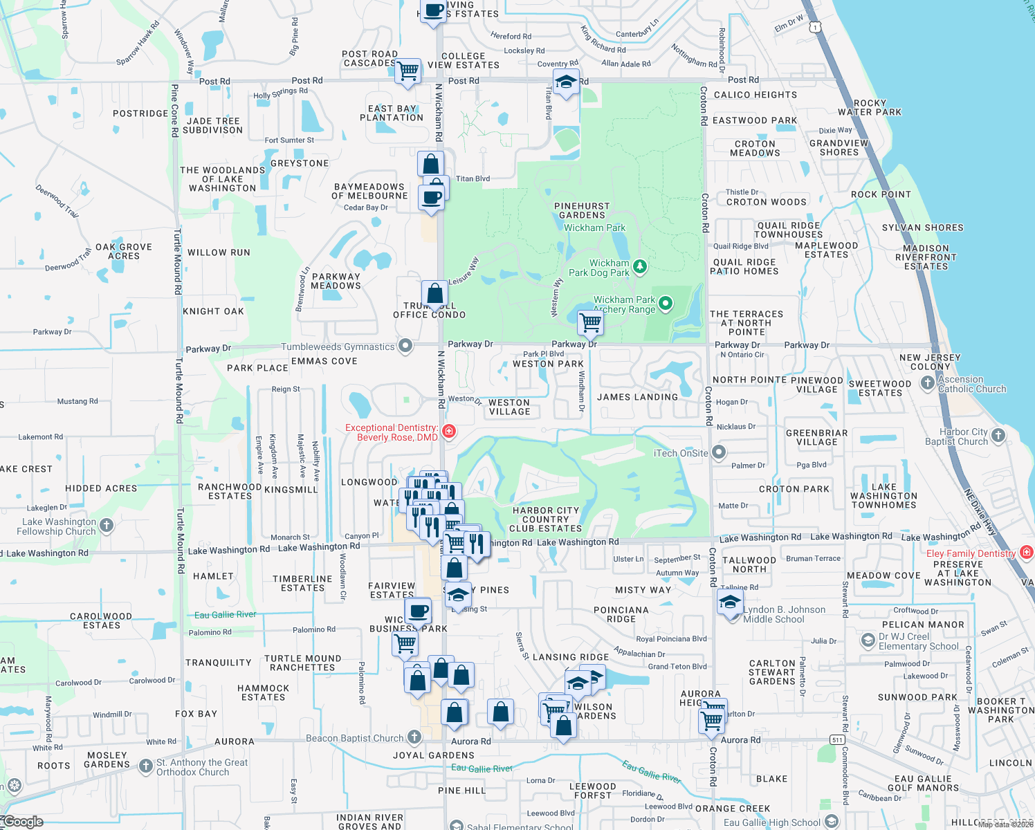 map of restaurants, bars, coffee shops, grocery stores, and more near 2639 Lowell Circle in Melbourne