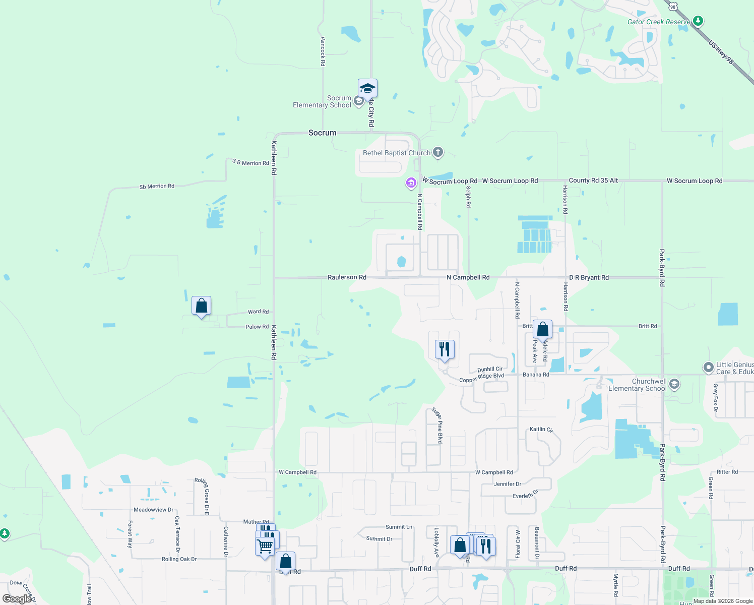 map of restaurants, bars, coffee shops, grocery stores, and more near 3374 Raulerson Road in Lakeland