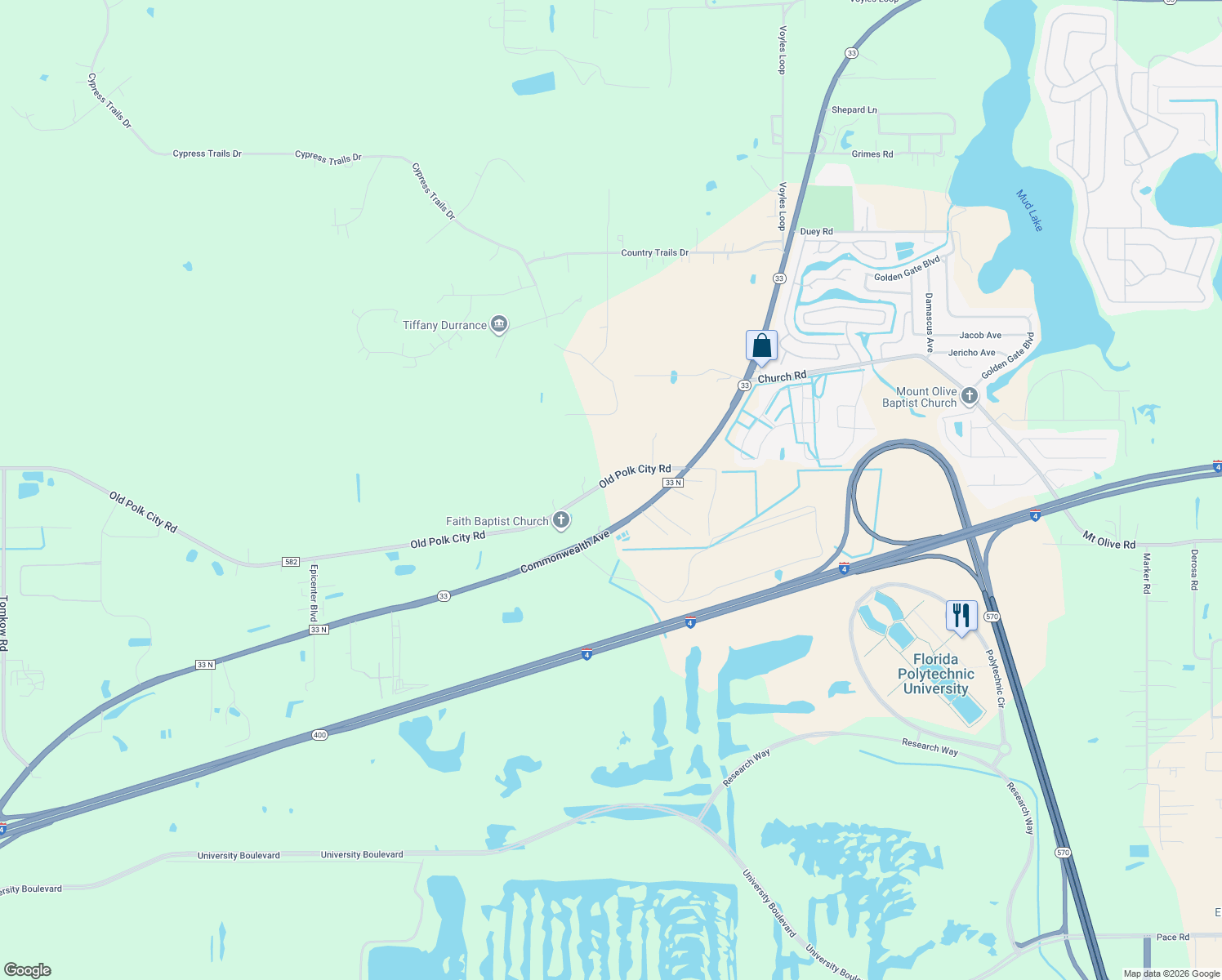 map of restaurants, bars, coffee shops, grocery stores, and more near 4545 Old Polk City Road in Lakeland