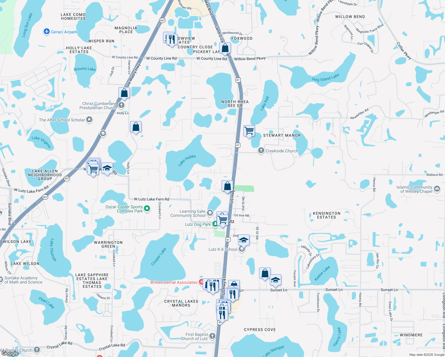 map of restaurants, bars, coffee shops, grocery stores, and more near 124 Lake Hobbs Road in Lutz