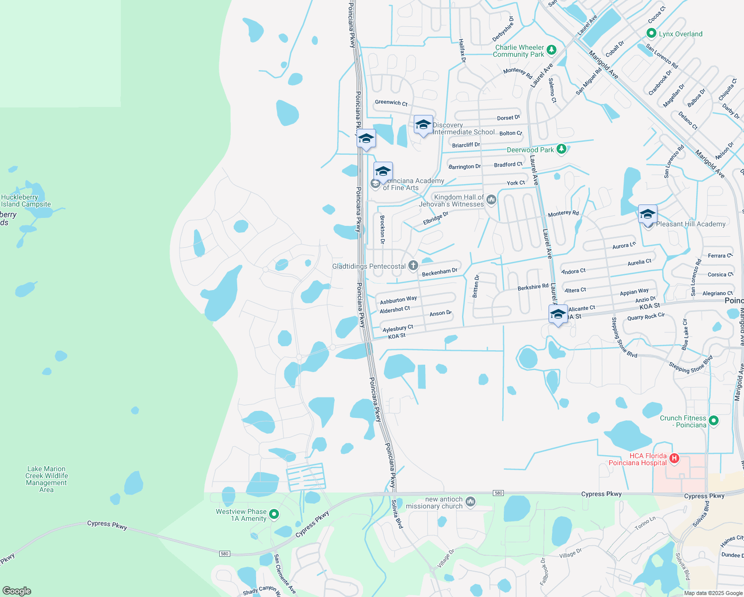 map of restaurants, bars, coffee shops, grocery stores, and more near 345 Aldershot Court in Kissimmee