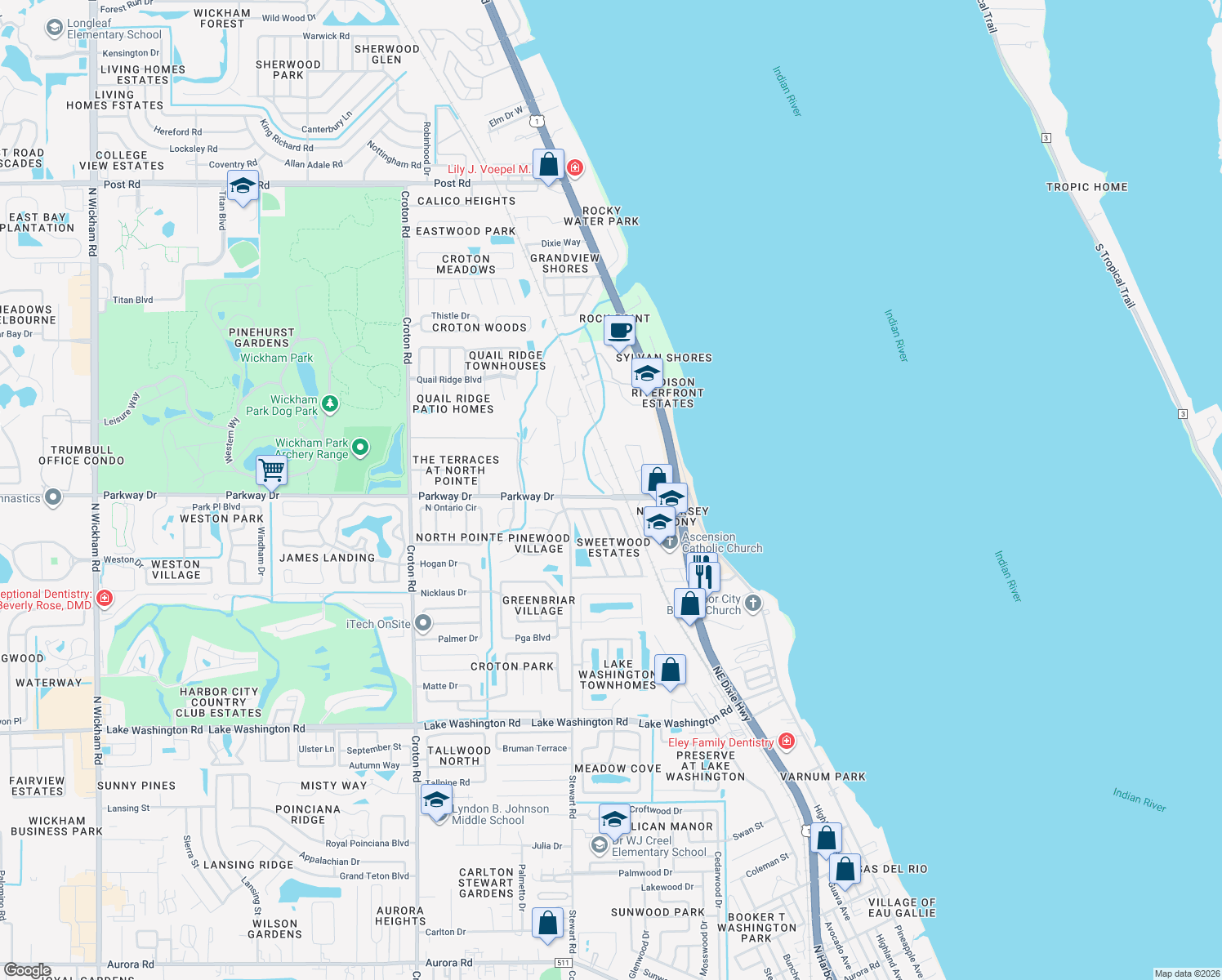 map of restaurants, bars, coffee shops, grocery stores, and more near 3140 Legendary Lane in Melbourne