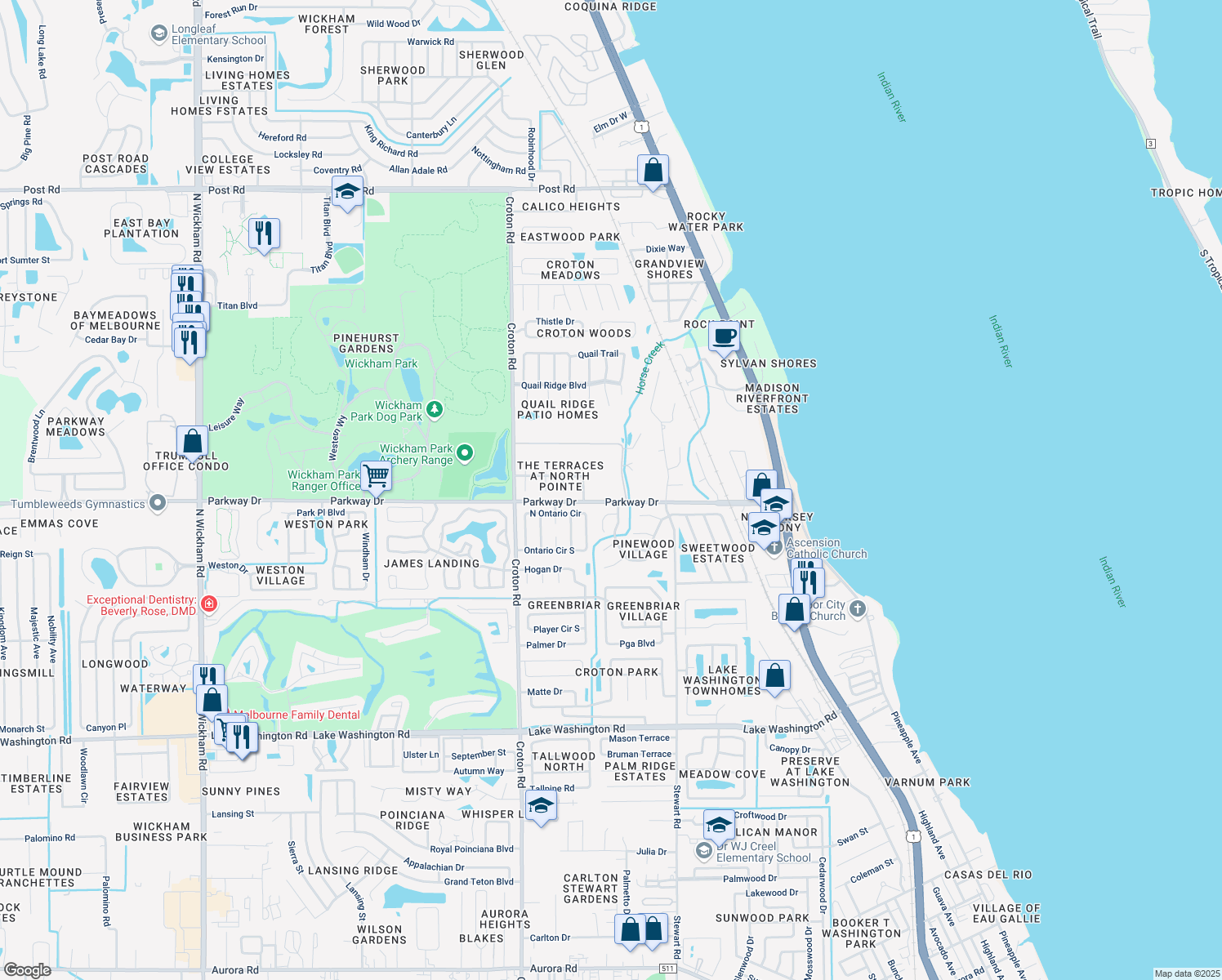 map of restaurants, bars, coffee shops, grocery stores, and more near 3174 Villa Espana Trail in Melbourne
