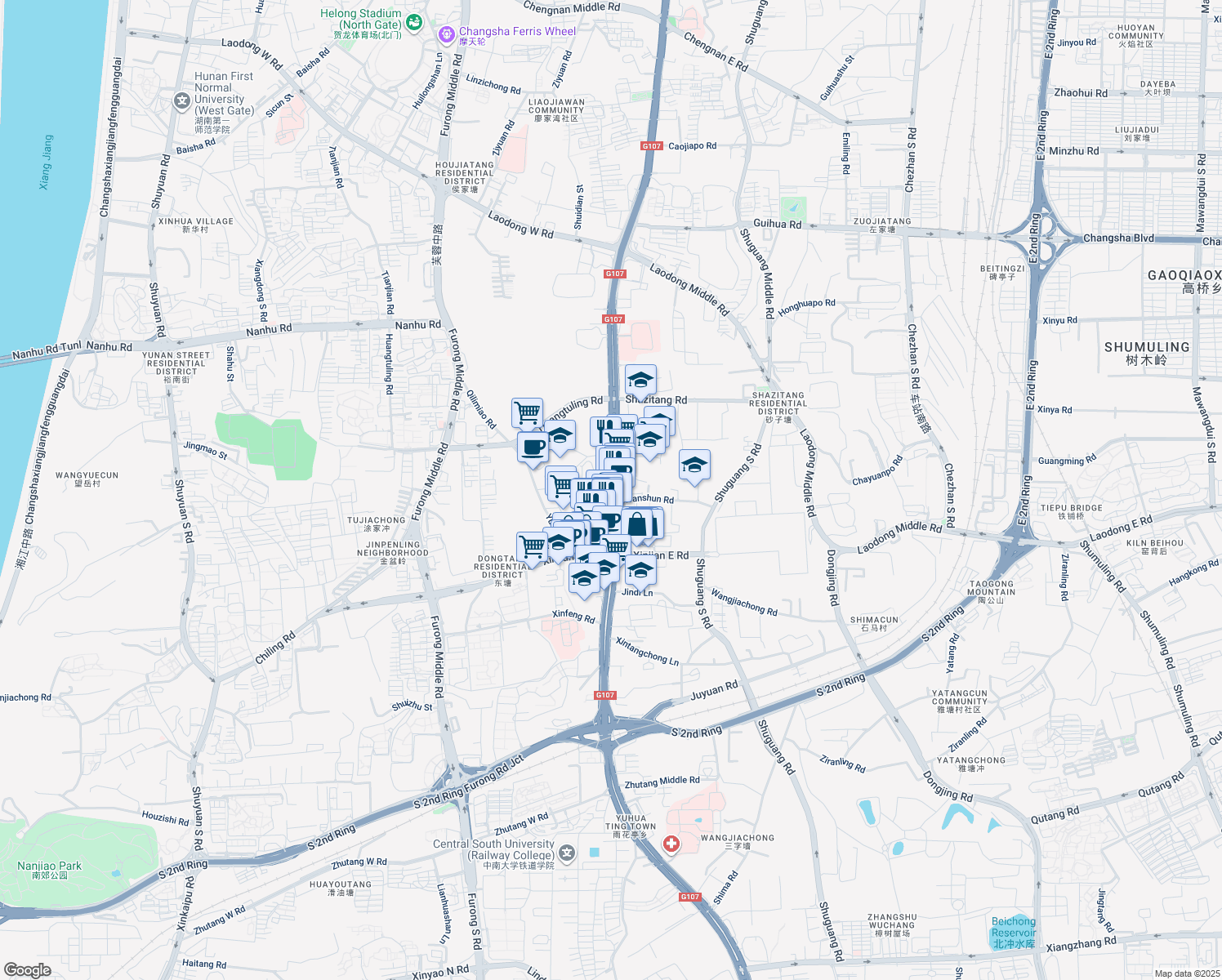 map of restaurants, bars, coffee shops, grocery stores, and more near Shao Shan Zhong Lu in Chang Sha Shi