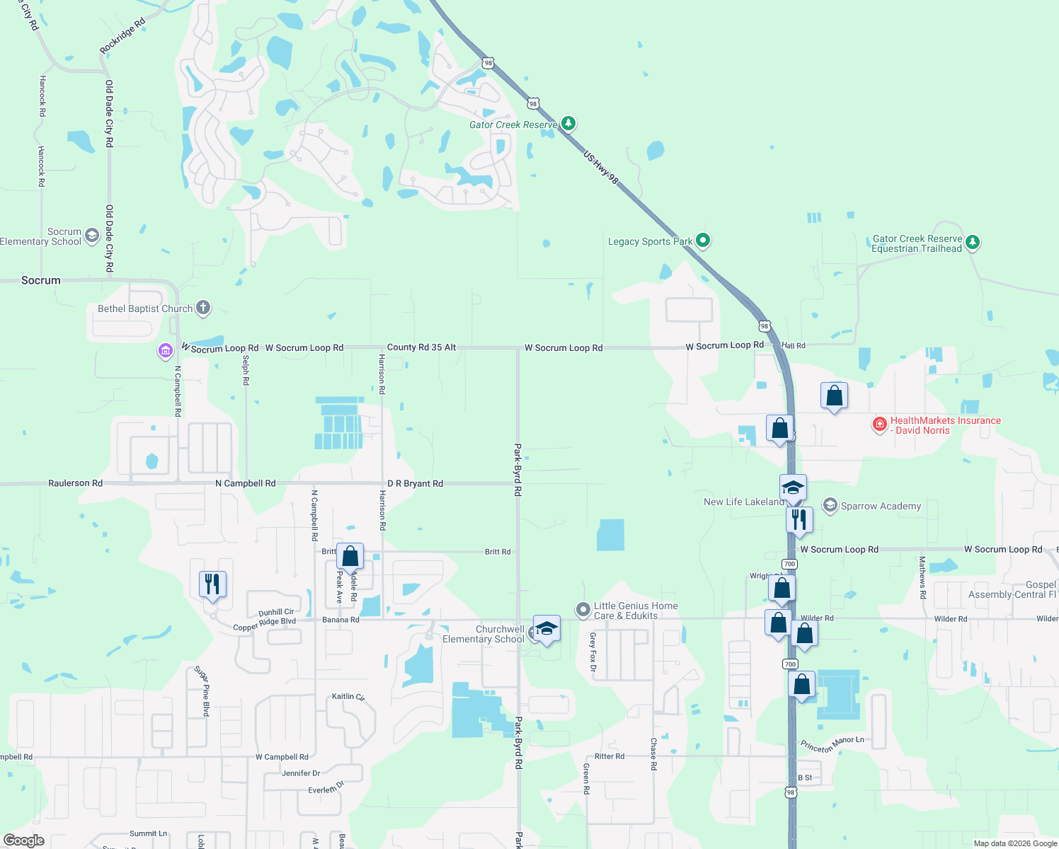 map of restaurants, bars, coffee shops, grocery stores, and more near 8841 Park-Byrd Road in Lakeland