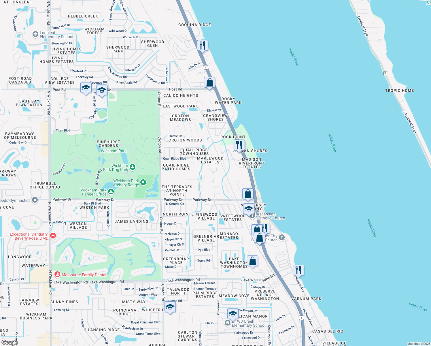 map of restaurants, bars, coffee shops, grocery stores, and more near 3331 Kent Drive in Melbourne