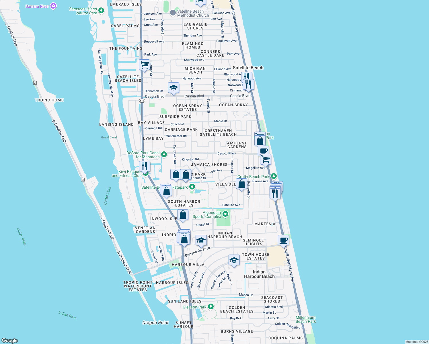 map of restaurants, bars, coffee shops, grocery stores, and more near 305 Trinidad Drive in Satellite Beach