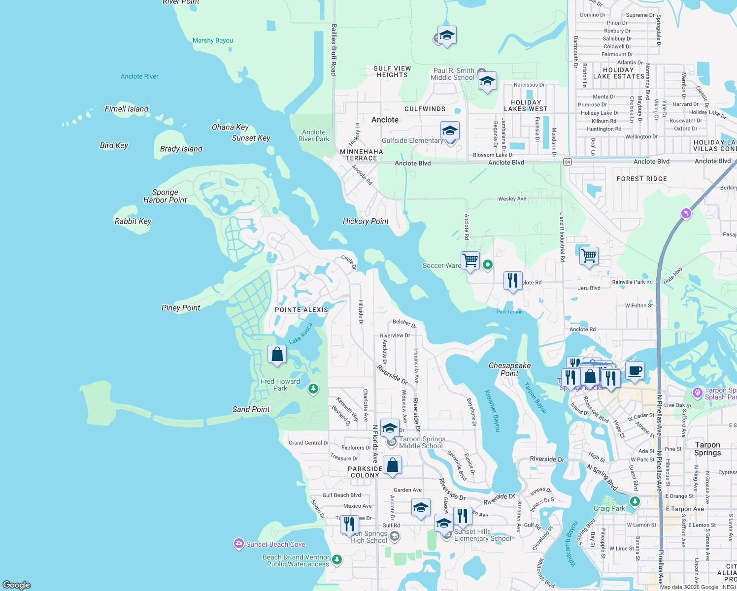map of restaurants, bars, coffee shops, grocery stores, and more near 1238 North Florida Avenue in Tarpon Springs