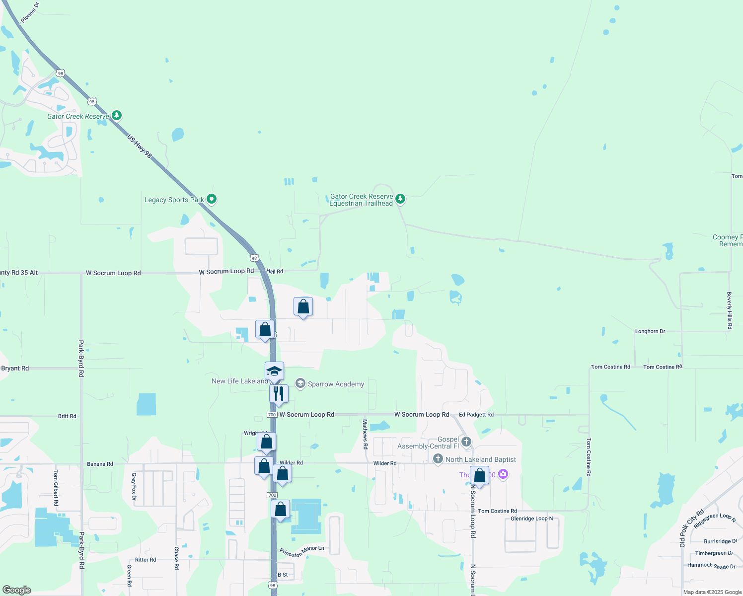 map of restaurants, bars, coffee shops, grocery stores, and more near 8931 North Dees Road in Lakeland