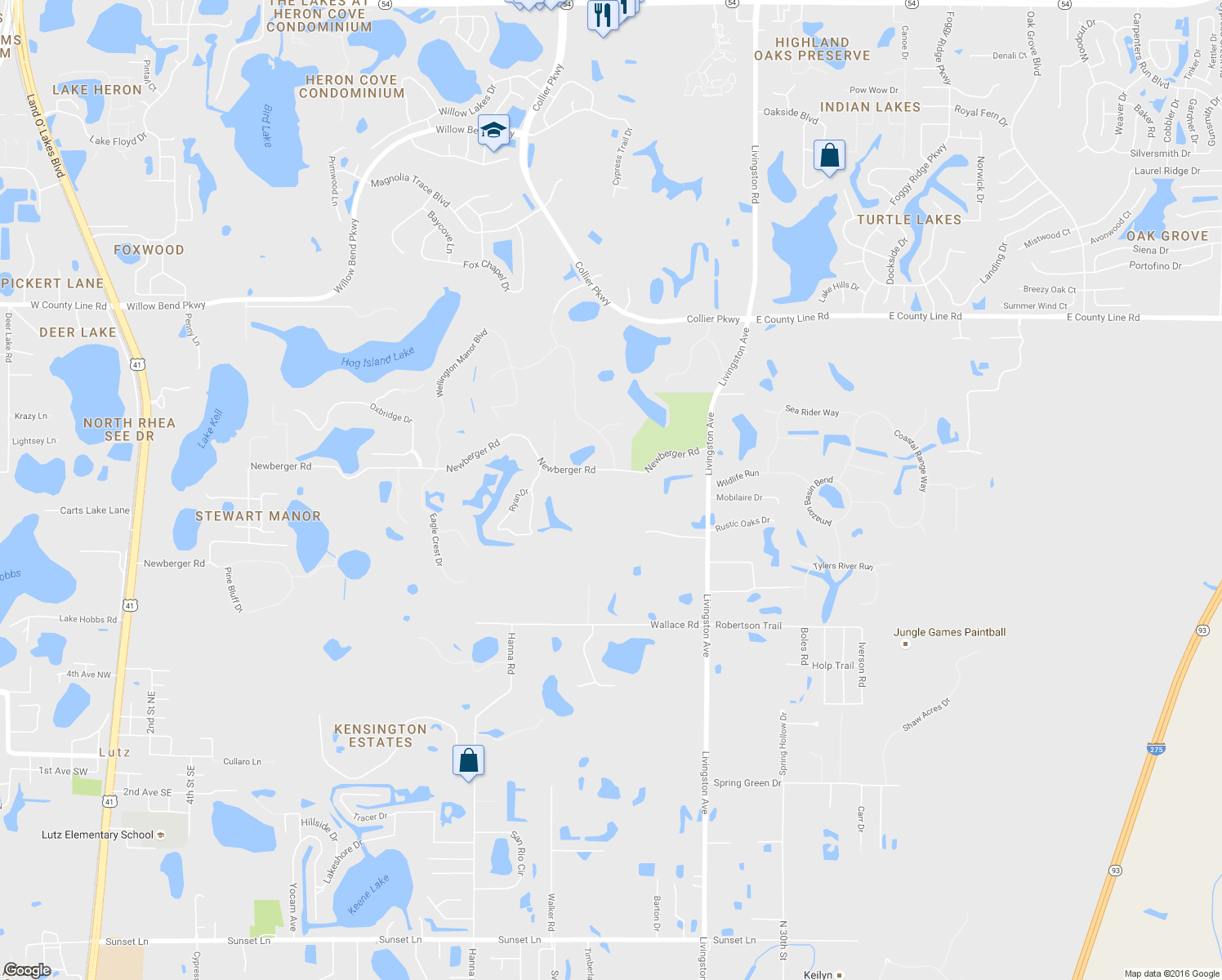 map of restaurants, bars, coffee shops, grocery stores, and more near 2205 Newberger Road in Lutz