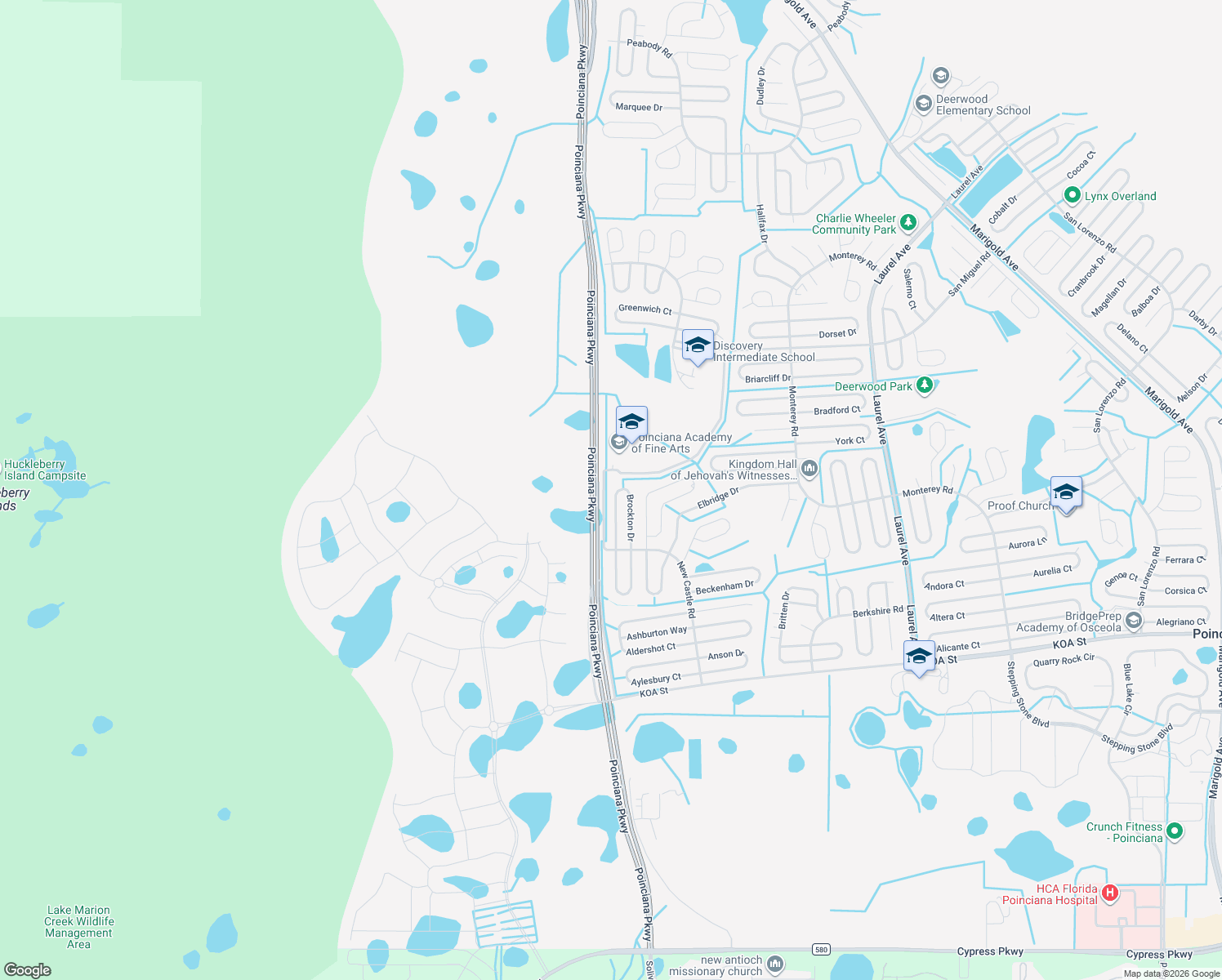map of restaurants, bars, coffee shops, grocery stores, and more near 638 Brockton Drive in Kissimmee
