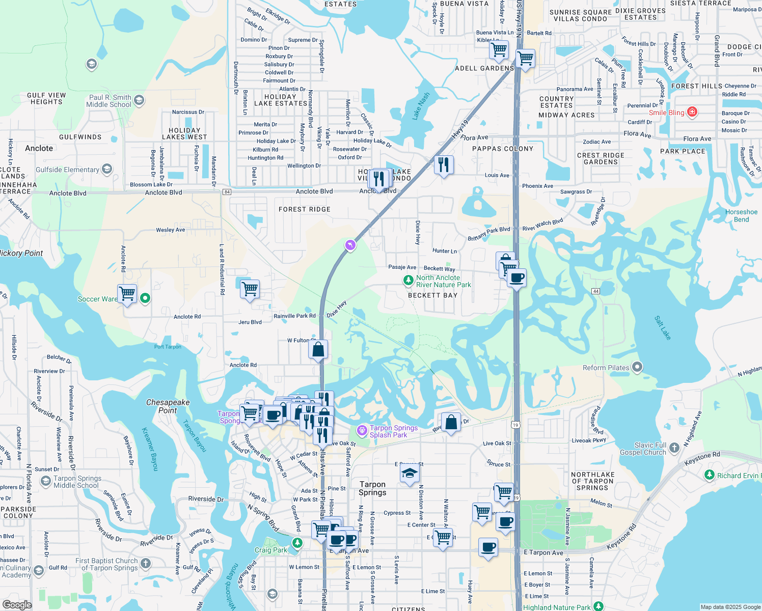 map of restaurants, bars, coffee shops, grocery stores, and more near 1456 Watermill Cir in Tarpon Springs