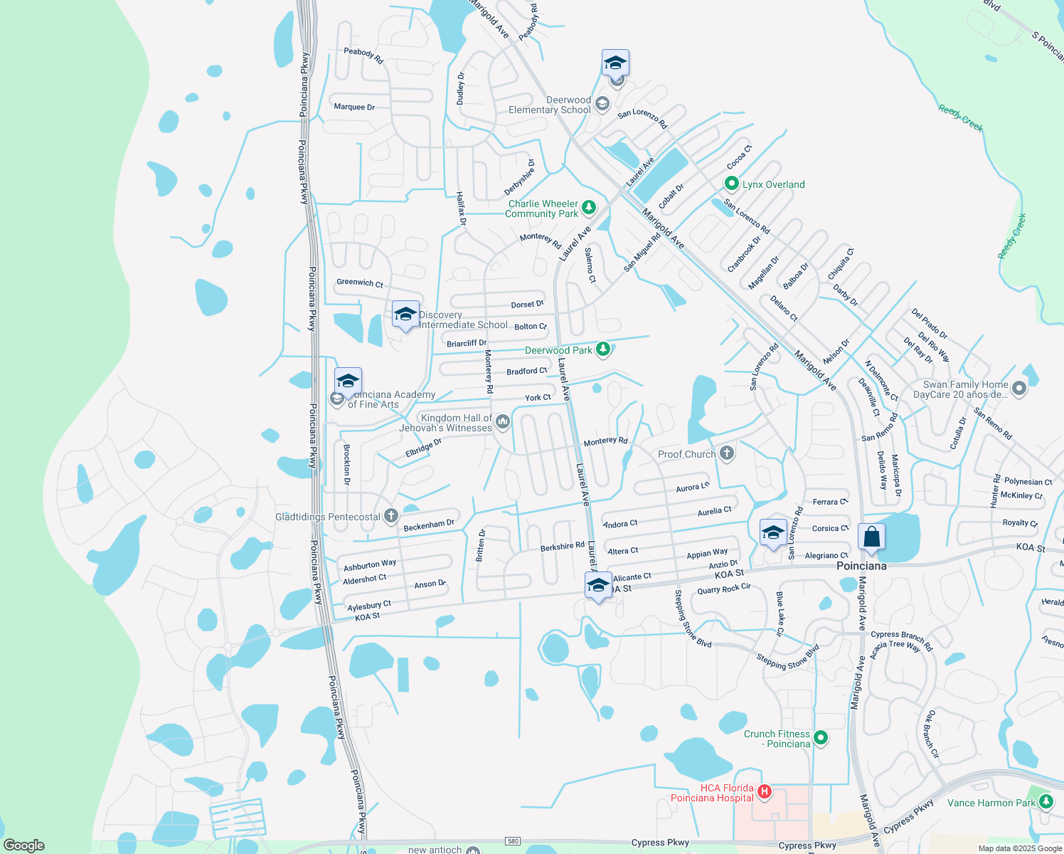 map of restaurants, bars, coffee shops, grocery stores, and more near 613 Bayport Drive in Kissimmee