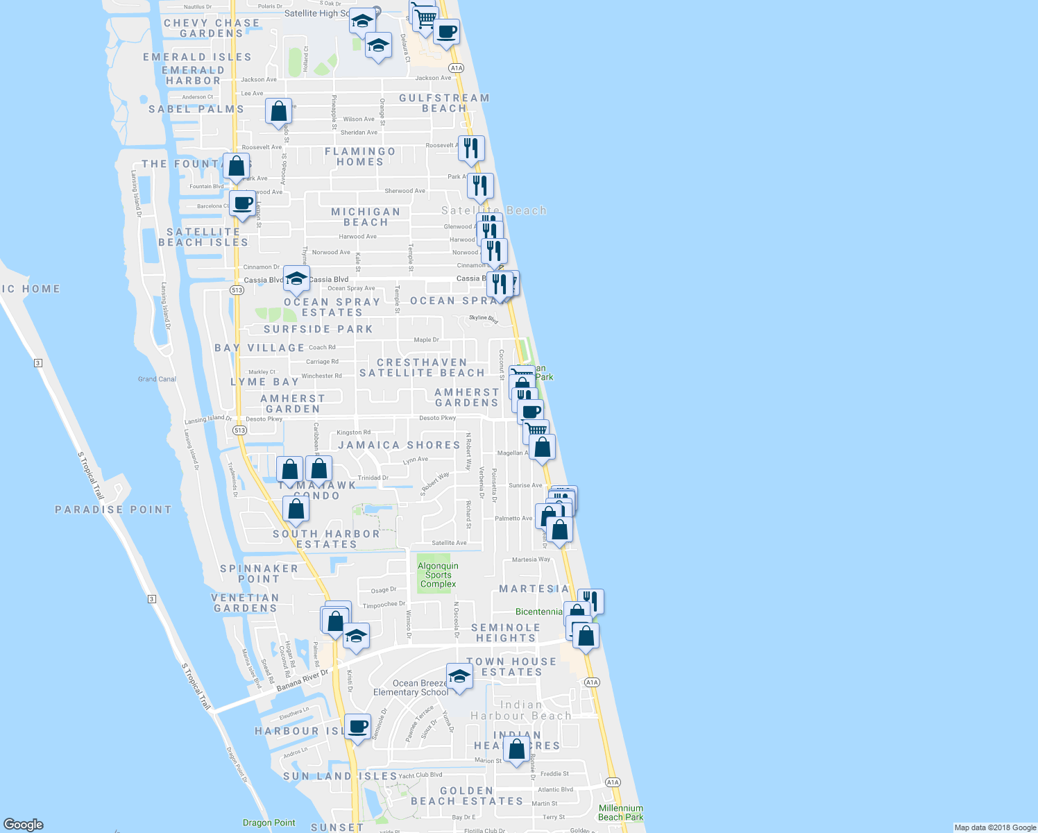 map of restaurants, bars, coffee shops, grocery stores, and more near 579 Coconut Street in Satellite Beach