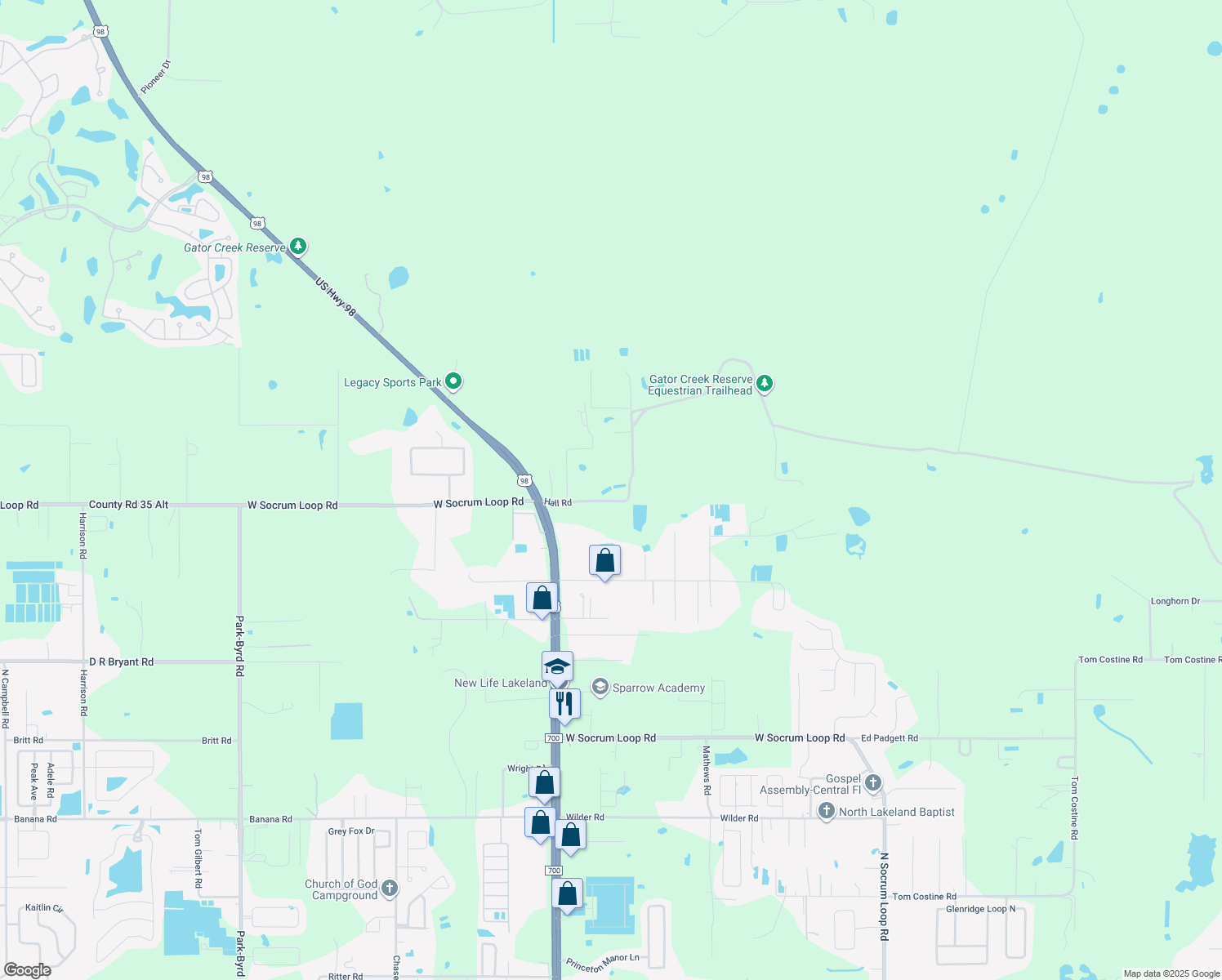 map of restaurants, bars, coffee shops, grocery stores, and more near 9180 Hall Road in Lakeland