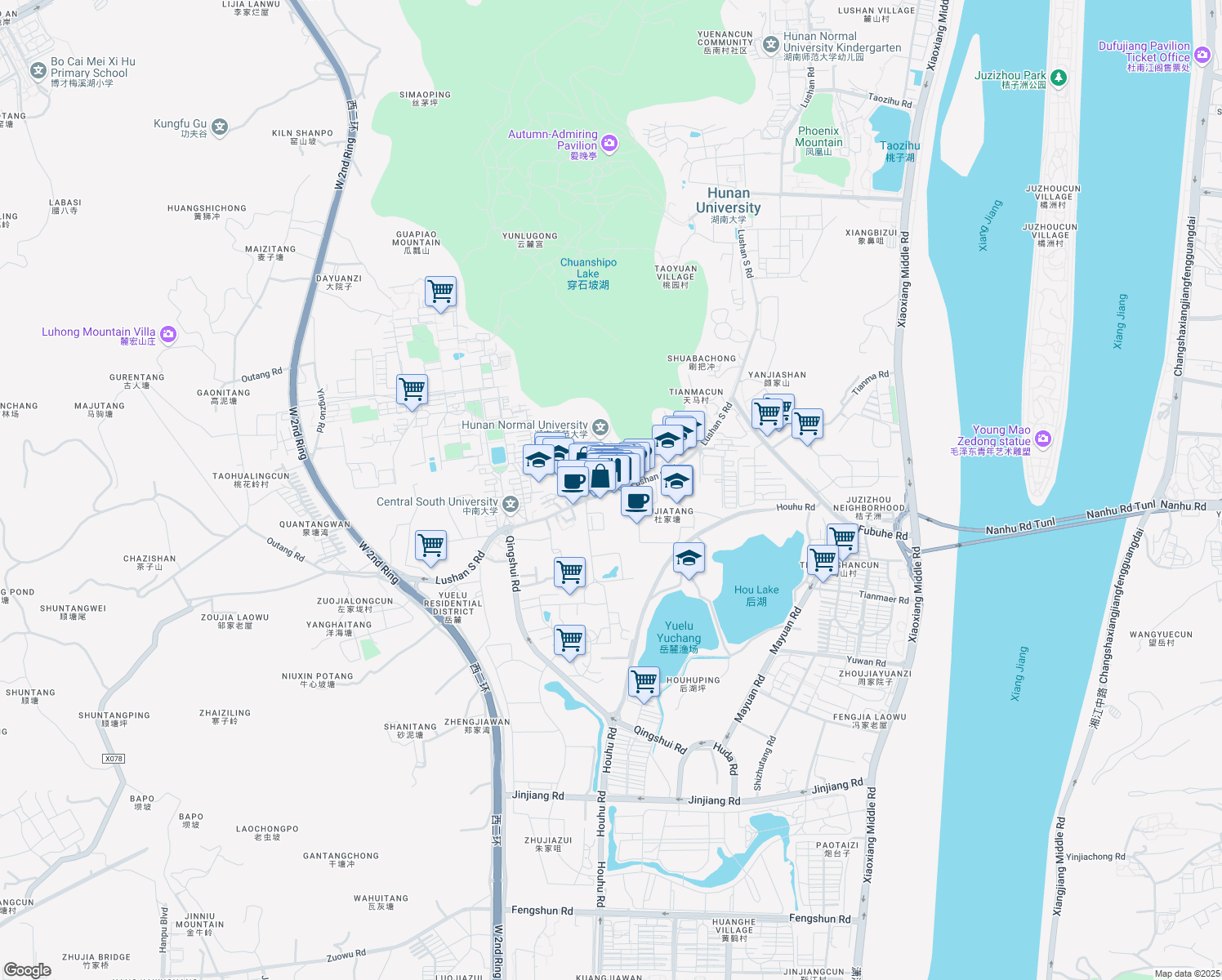 map of restaurants, bars, coffee shops, grocery stores, and more near Lu Shan Nan Lu in Chang Sha Shi