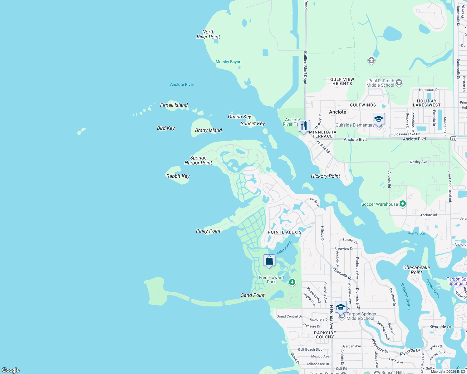 map of restaurants, bars, coffee shops, grocery stores, and more near 2111 Alexis Court in Tarpon Springs