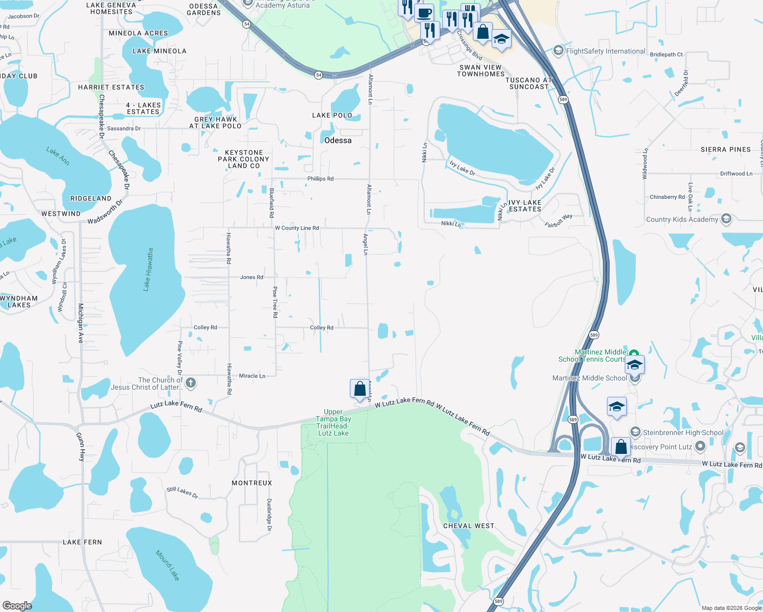 map of restaurants, bars, coffee shops, grocery stores, and more near 19623 Angel Lane in Odessa