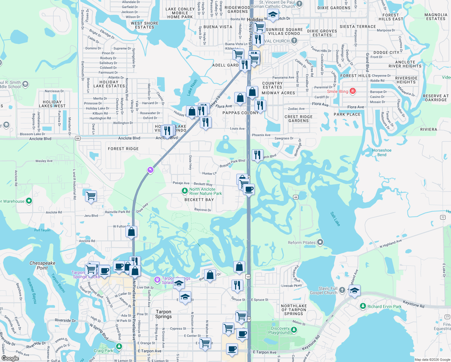 map of restaurants, bars, coffee shops, grocery stores, and more near 1731 Capri Lane in Tarpon Springs