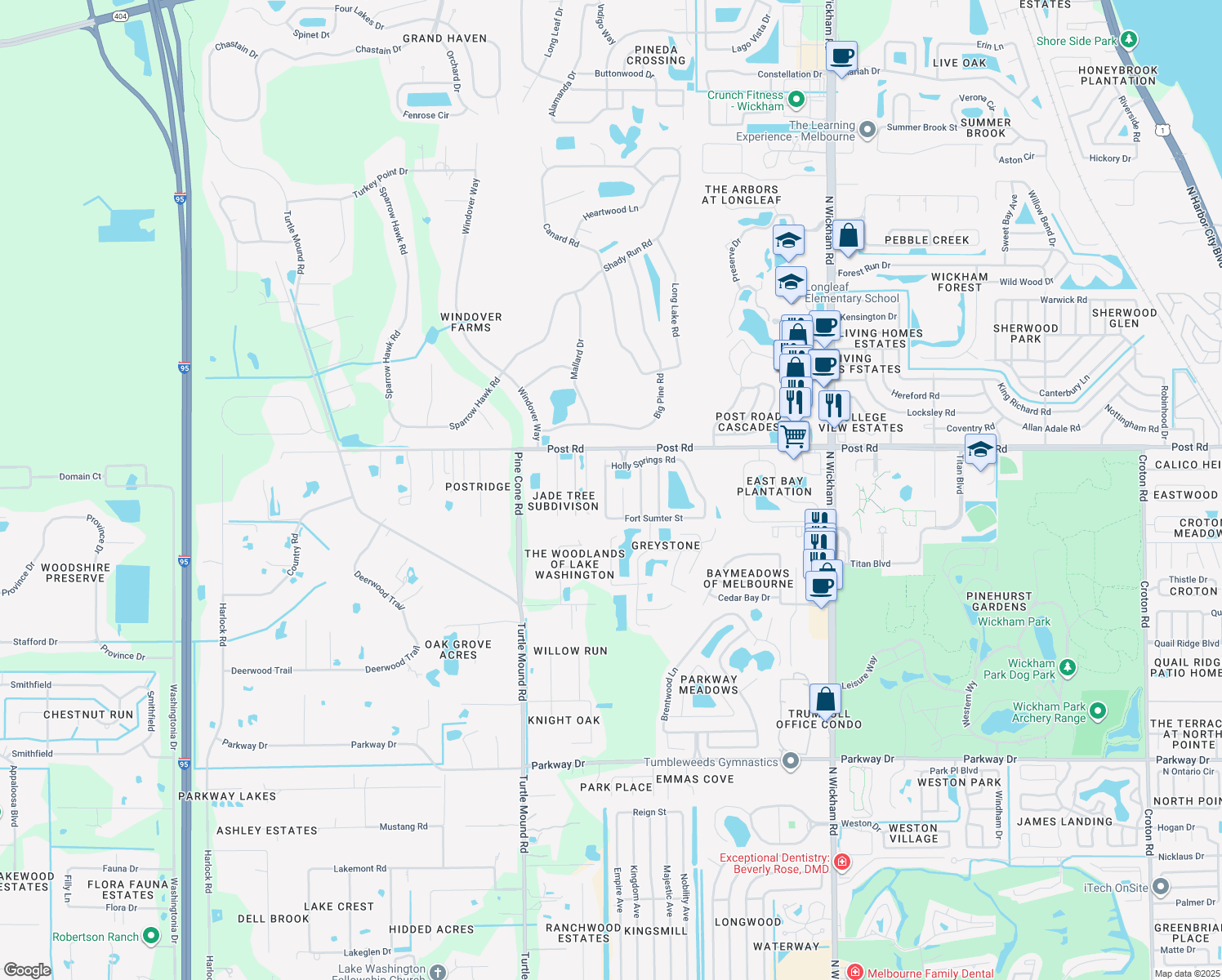 map of restaurants, bars, coffee shops, grocery stores, and more near 3565 Manassas Avenue in Melbourne