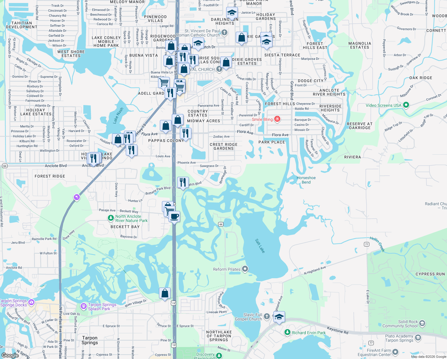 map of restaurants, bars, coffee shops, grocery stores, and more near 1857 Riveredge Drive in Tarpon Springs